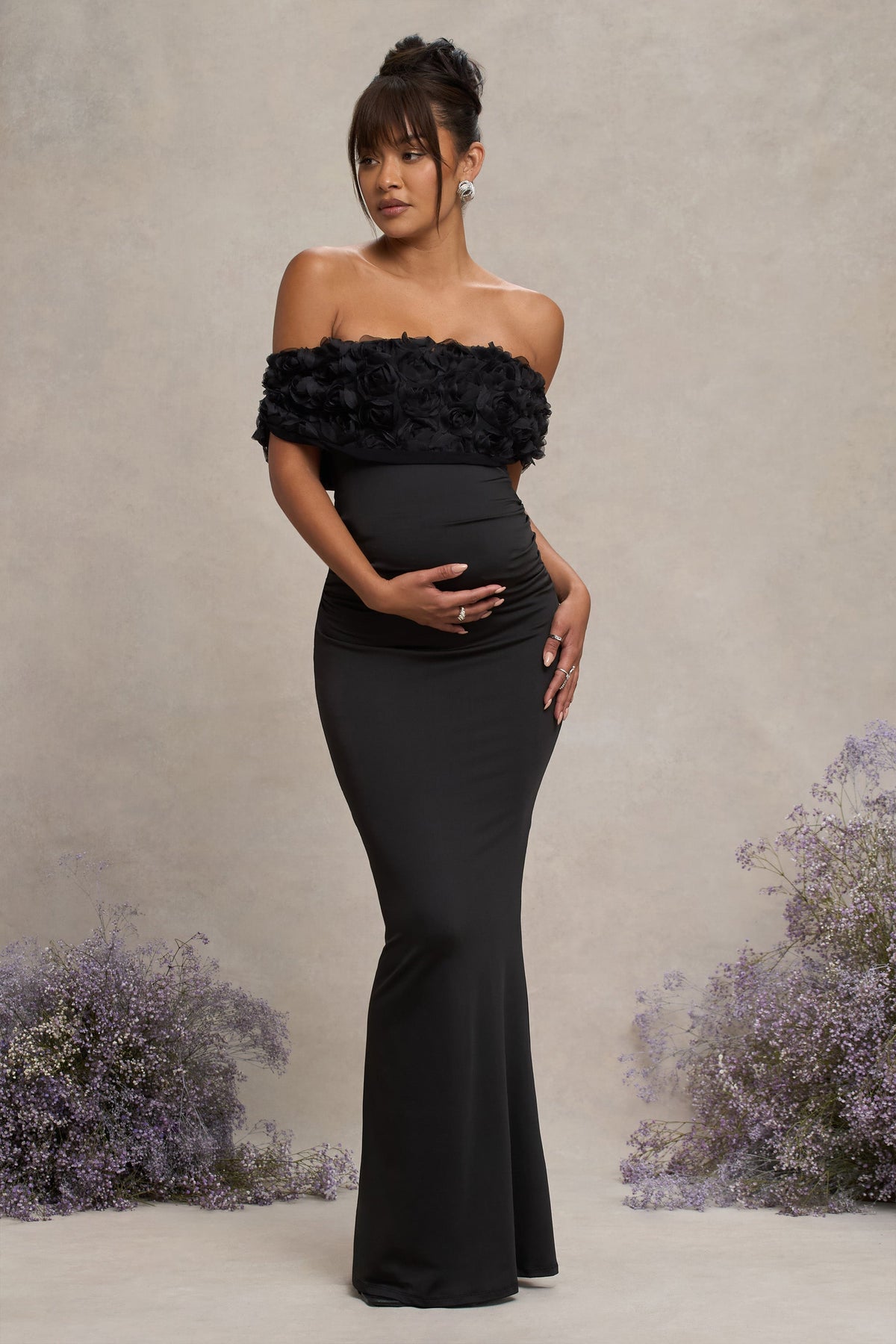 Black Mesh Floral Bardot Maternity Maxi Dress
