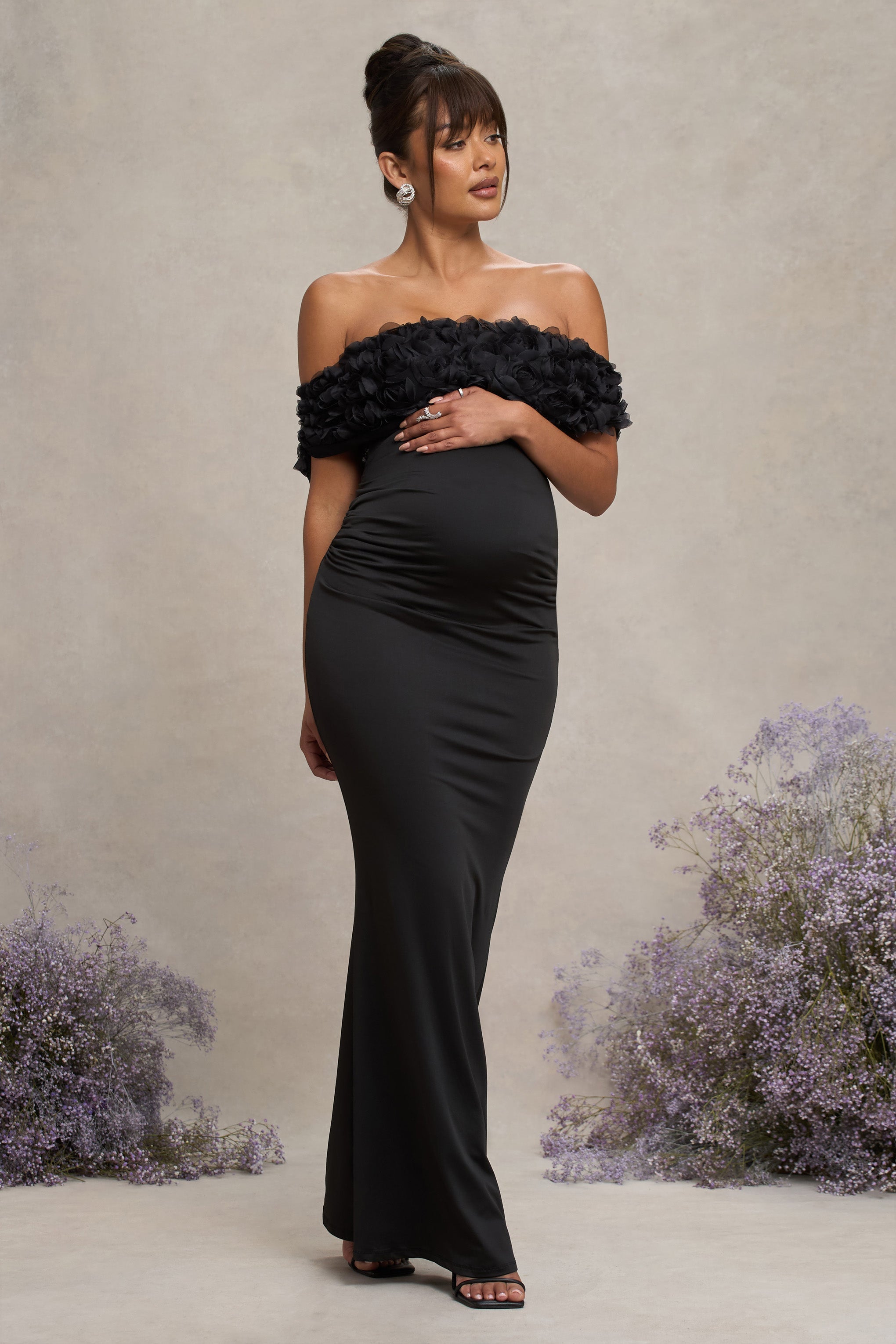 Black Mesh Floral Bardot Maternity Maxi Dress