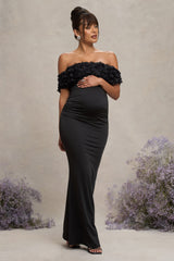 Black Mesh Floral Bardot Maternity Maxi Dress
