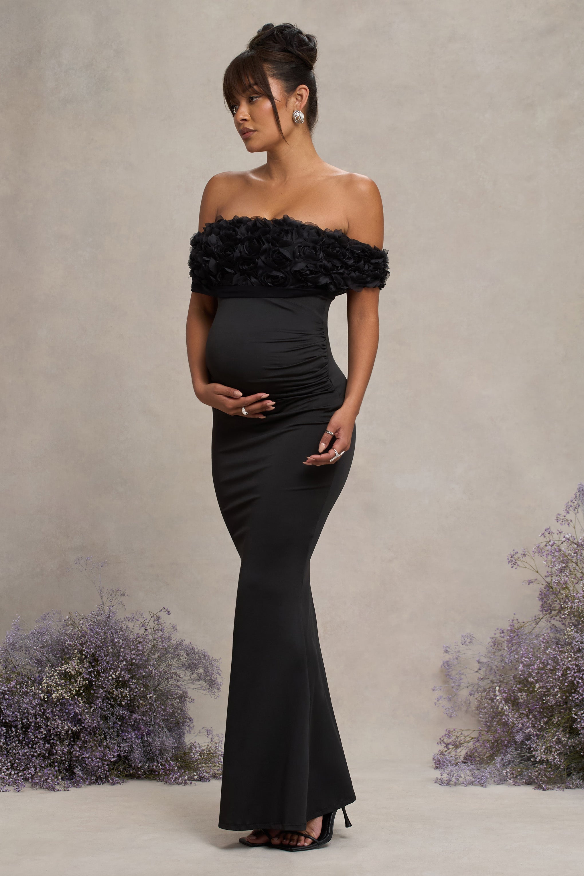 Black Mesh Floral Bardot Maternity Maxi Dress