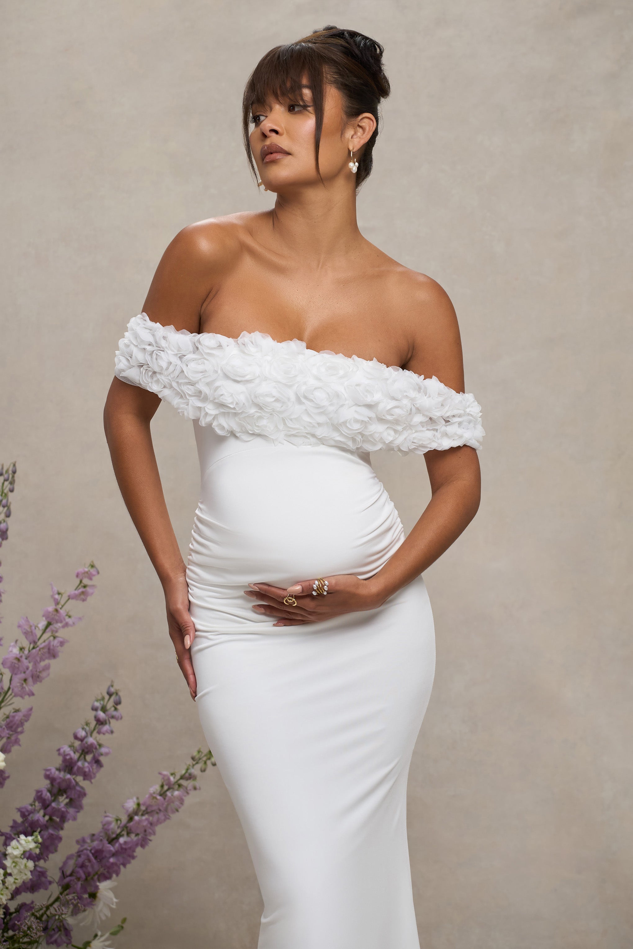White Mesh Floral Bardot Maternity Maxi Dress