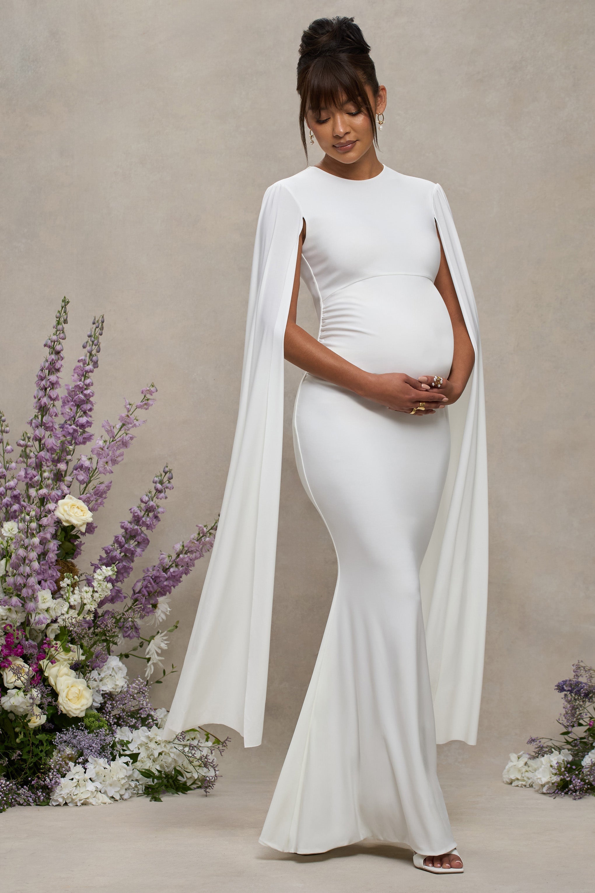 White Maternity Maxi Dress With Cape Sleeves