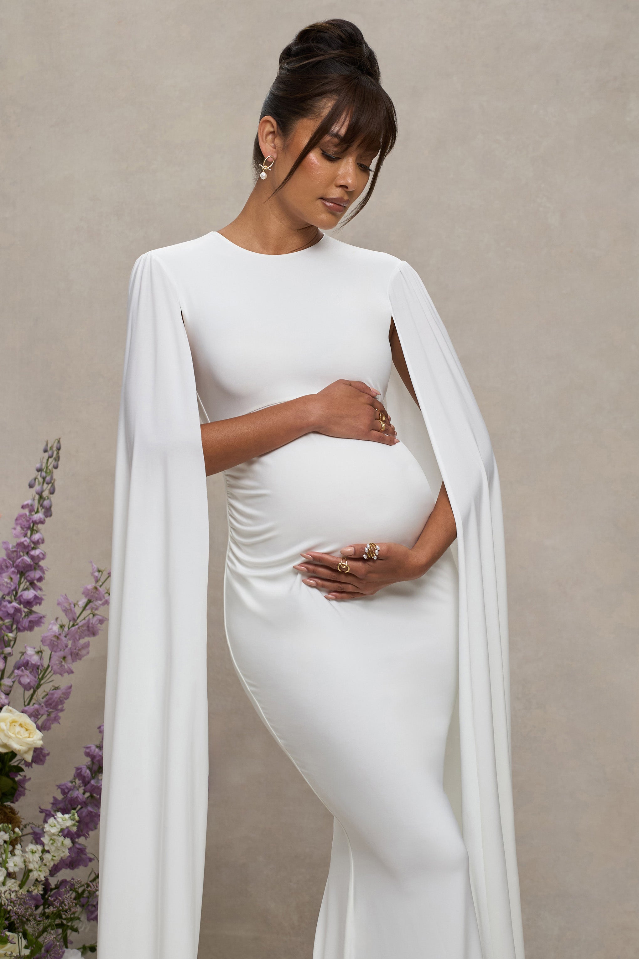 White Maternity Maxi Dress With Cape Sleeves