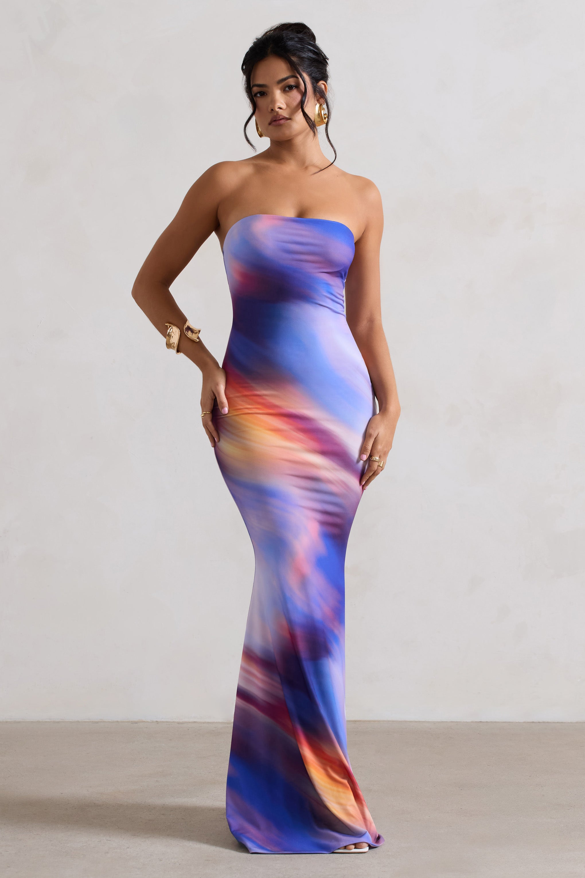 Abstract Print Bandeau Fishtail Maxi Dress