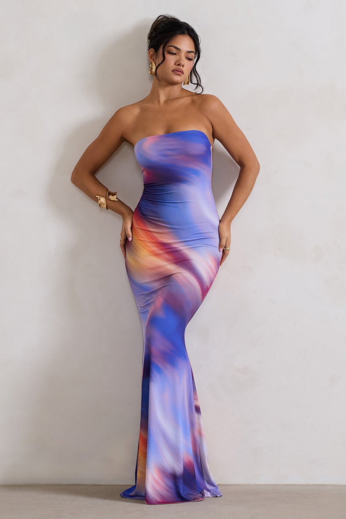 Abstract Print Bandeau Fishtail Maxi Dress