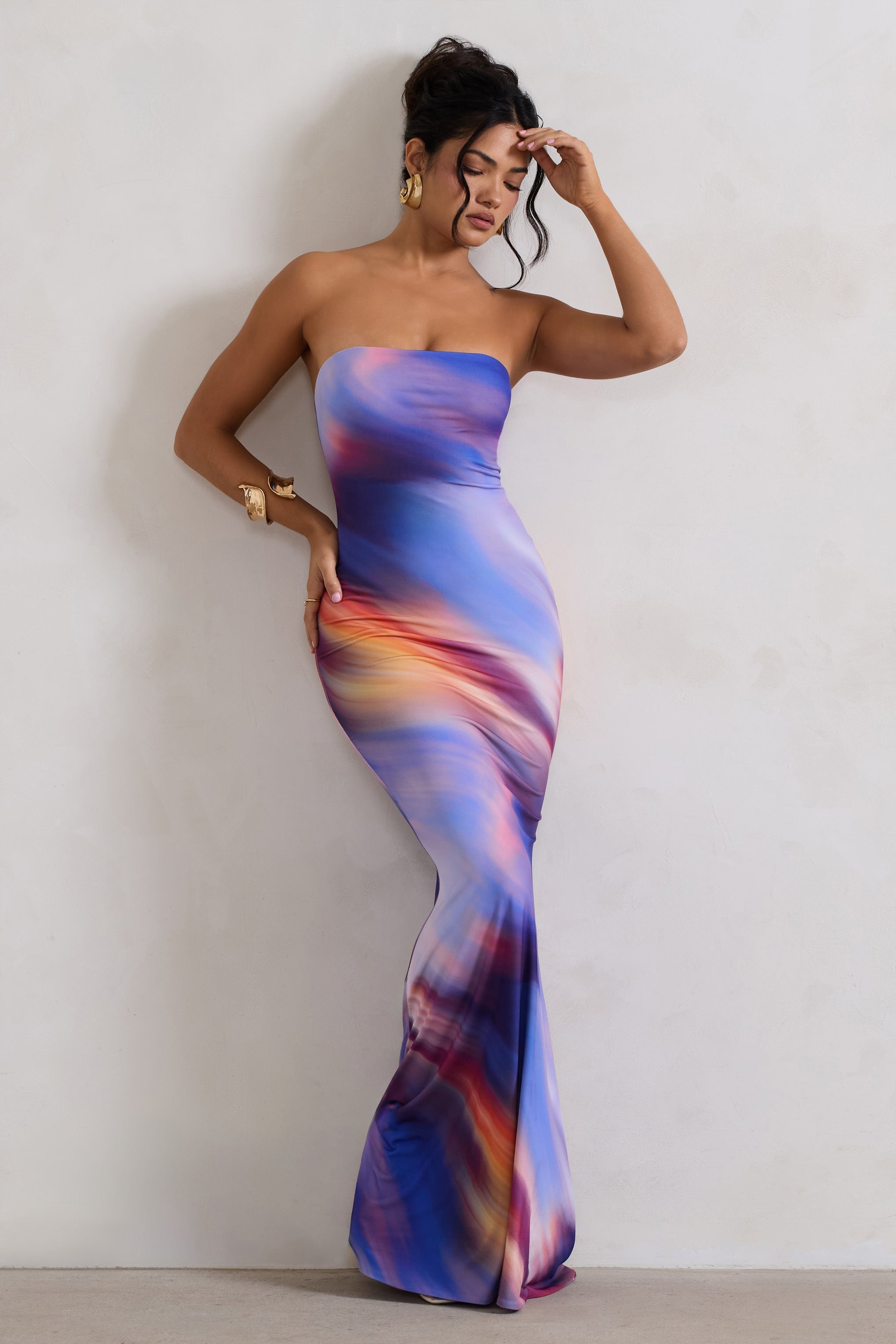 Abstract Print Bandeau Fishtail Maxi Dress