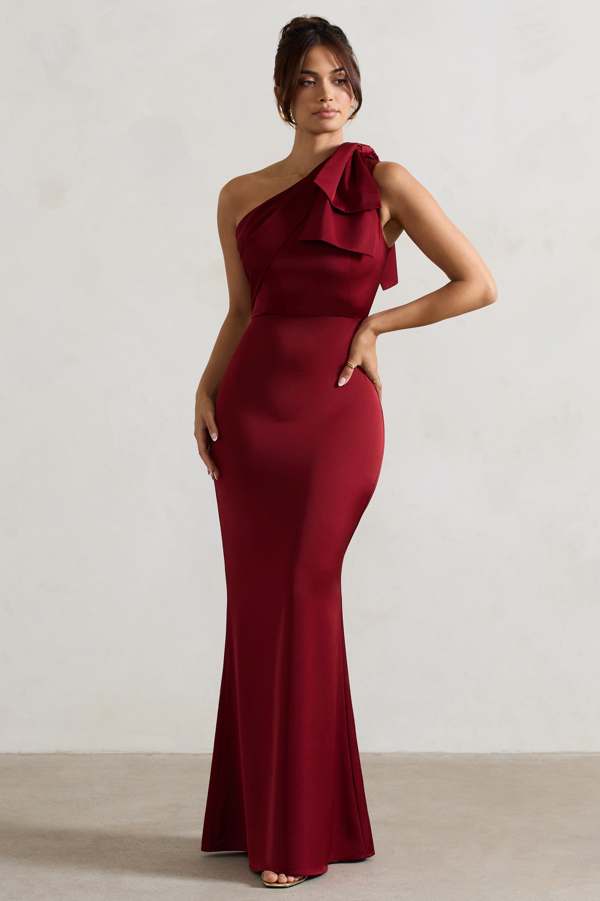 Berry Satin One Shoulder Maxi Dress With Bow