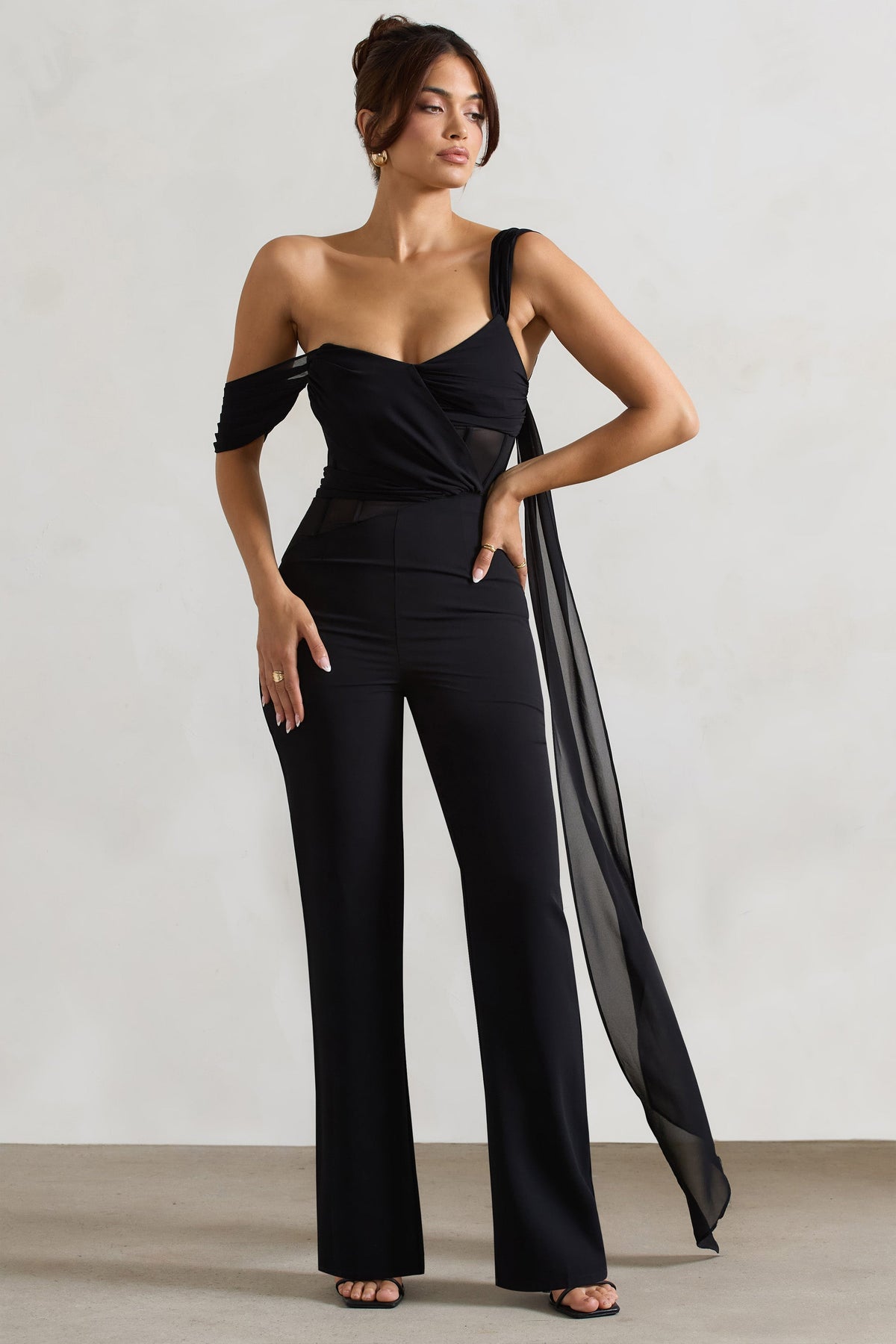 Black Draped-Sleeve Corseted Jumpsuit With Sash