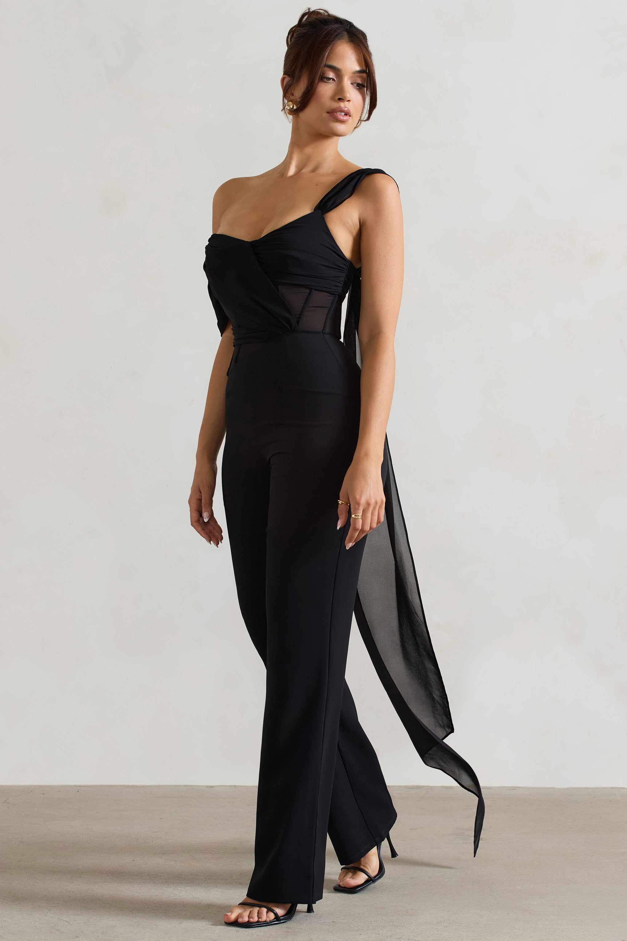 Black Draped-Sleeve Corseted Jumpsuit With Sash