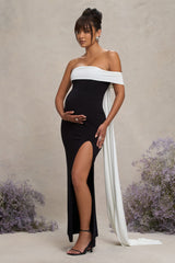 Black & White Bardot Split Maternity Maxi Dress With Drape