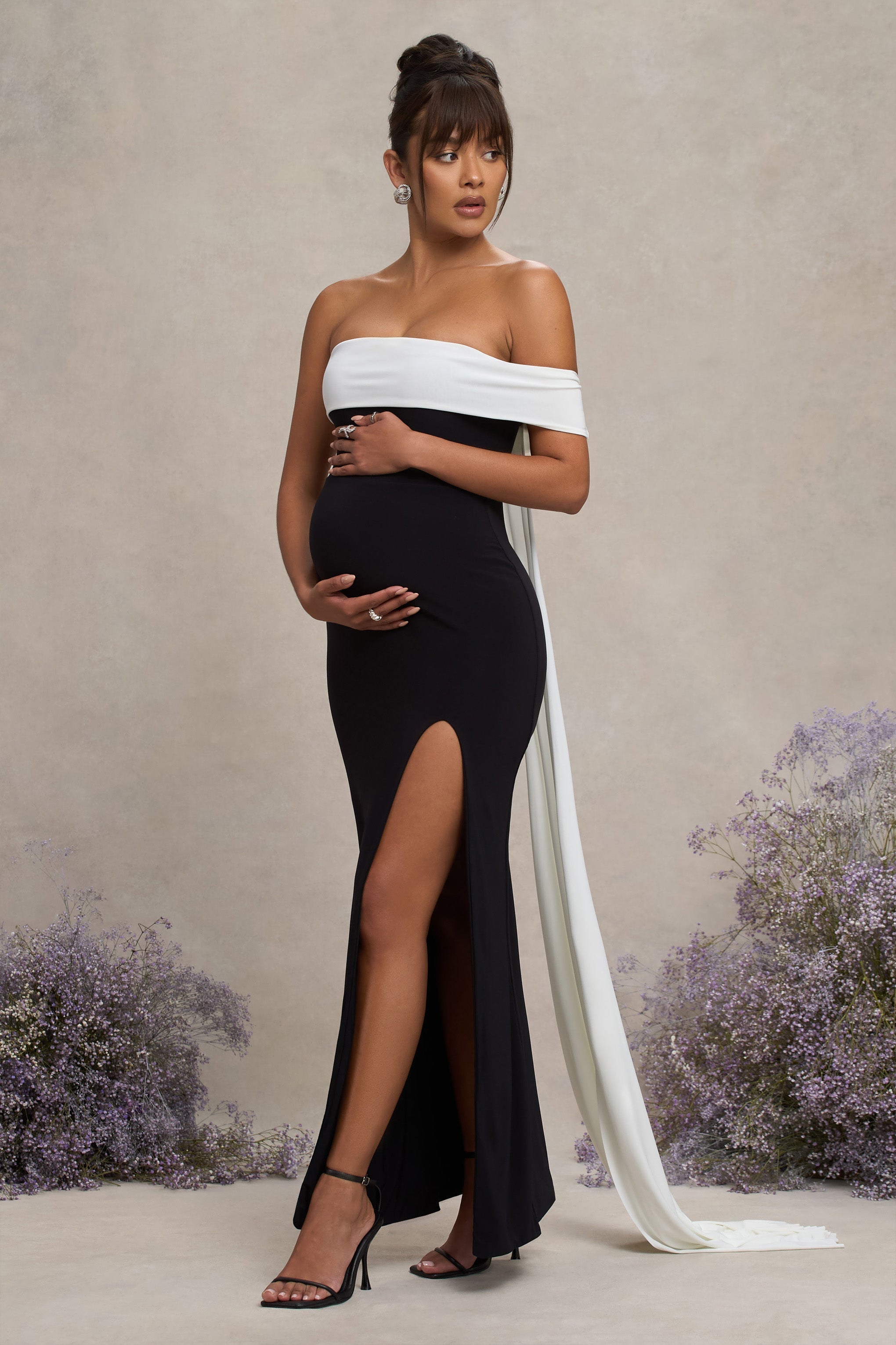 Black & White Bardot Split Maternity Maxi Dress With Drape