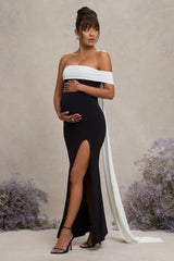 Black & White Bardot Split Maternity Maxi Dress With Drape