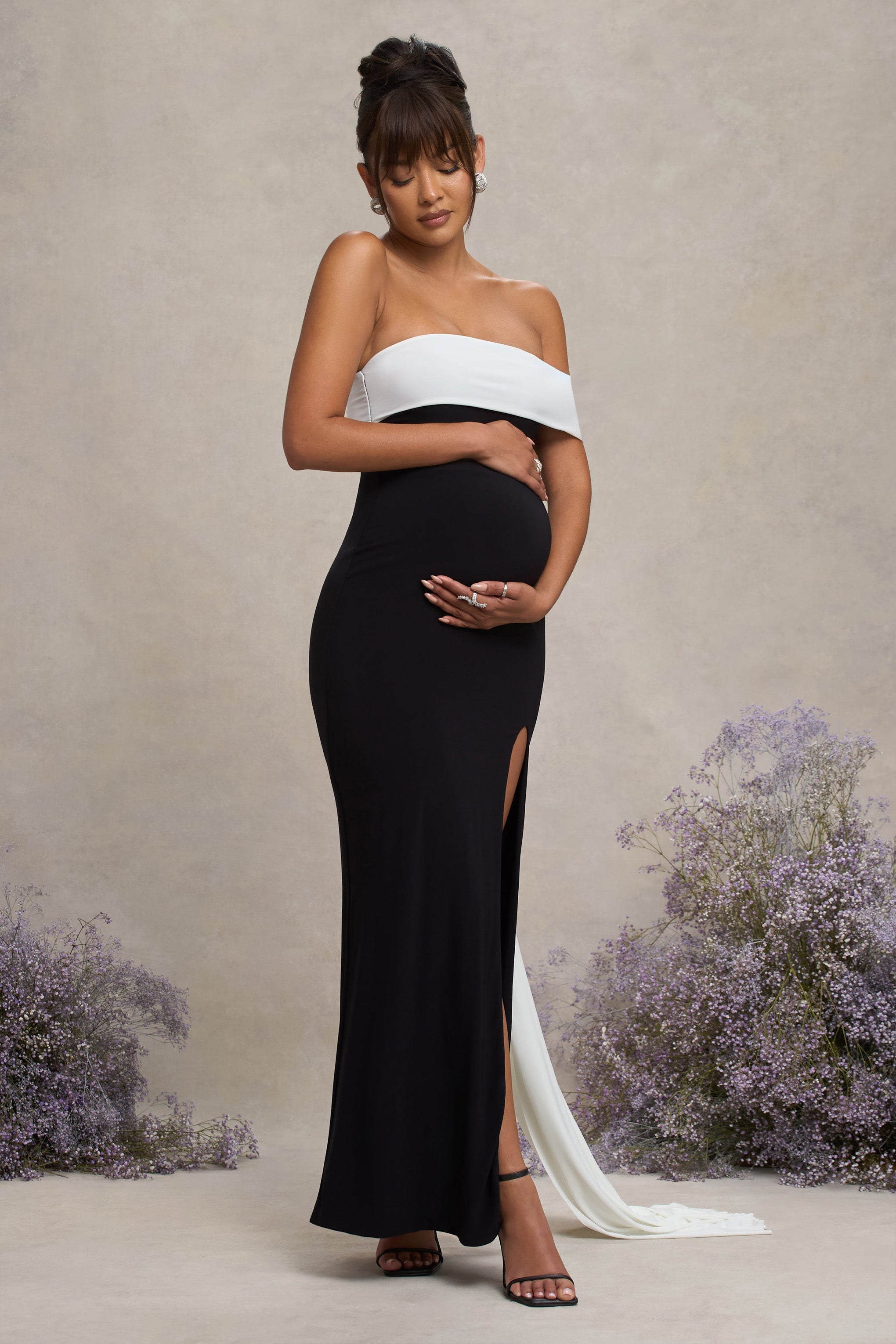 Black & White Bardot Split Maternity Maxi Dress With Drape