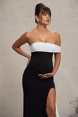 Black & White Bardot Split Maternity Maxi Dress With Drape