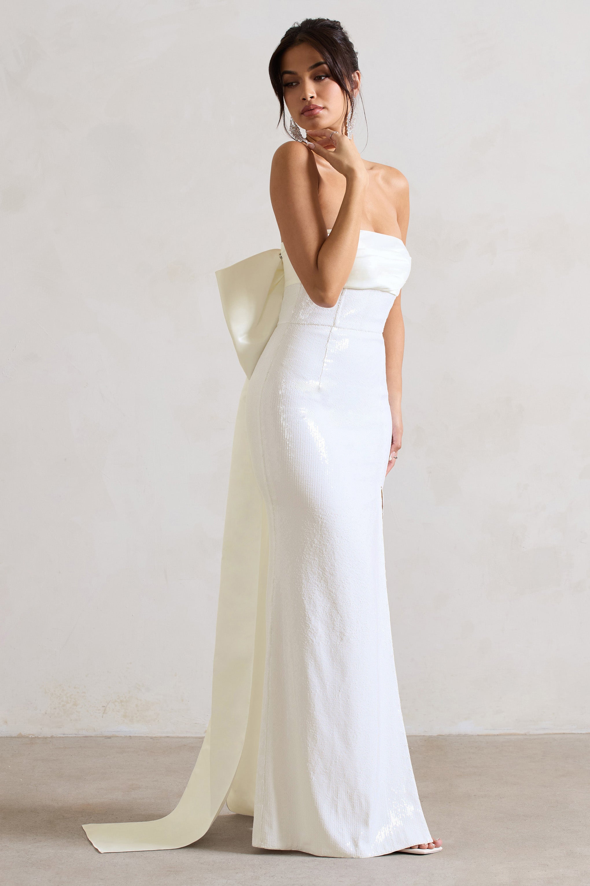 White Sequin Bandeau Split Maxi Dress With Oversized Bow