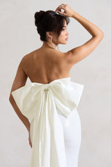 White Sequin Bandeau Split Maxi Dress With Oversized Bow