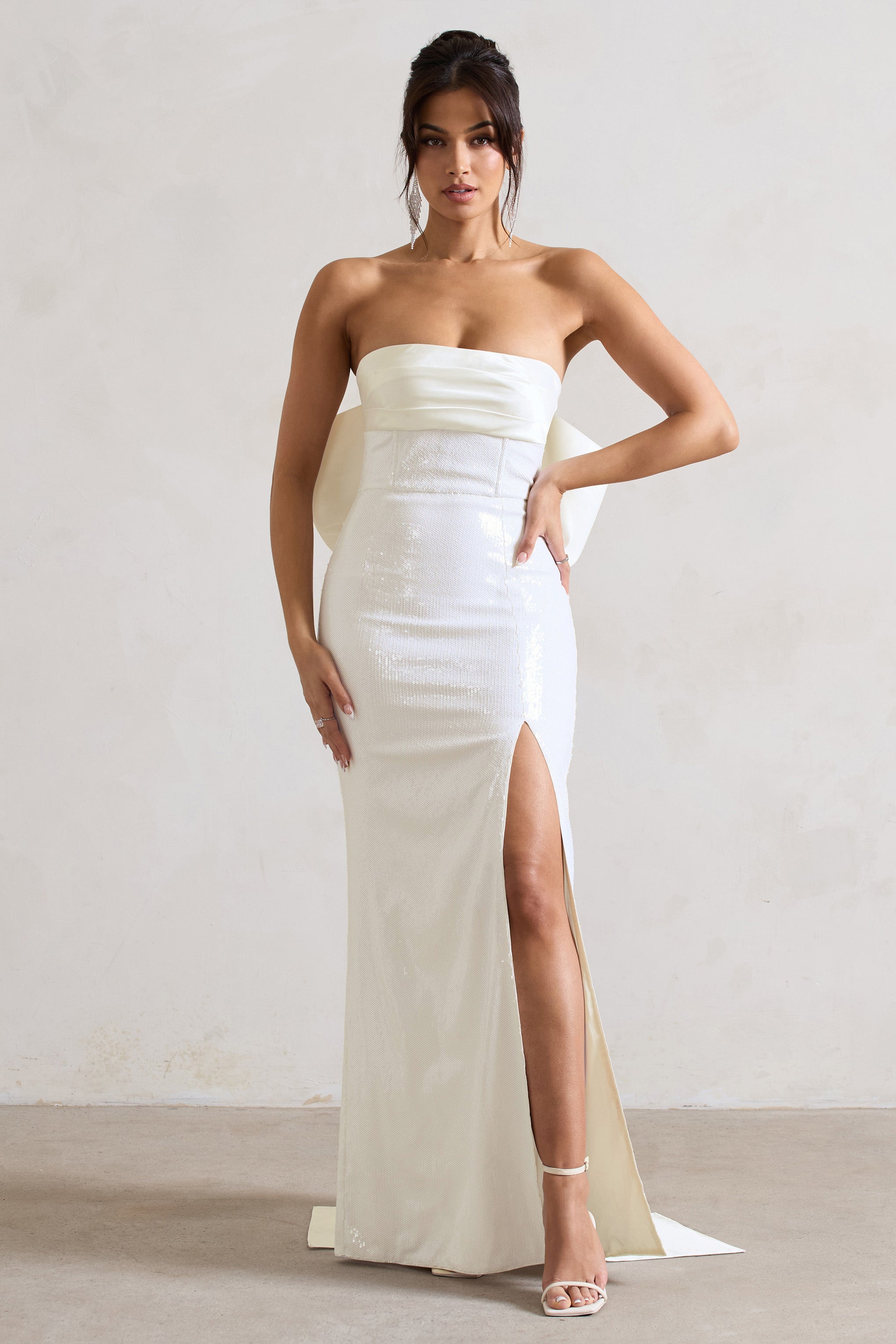 White Sequin Bandeau Split Maxi Dress With Oversized Bow