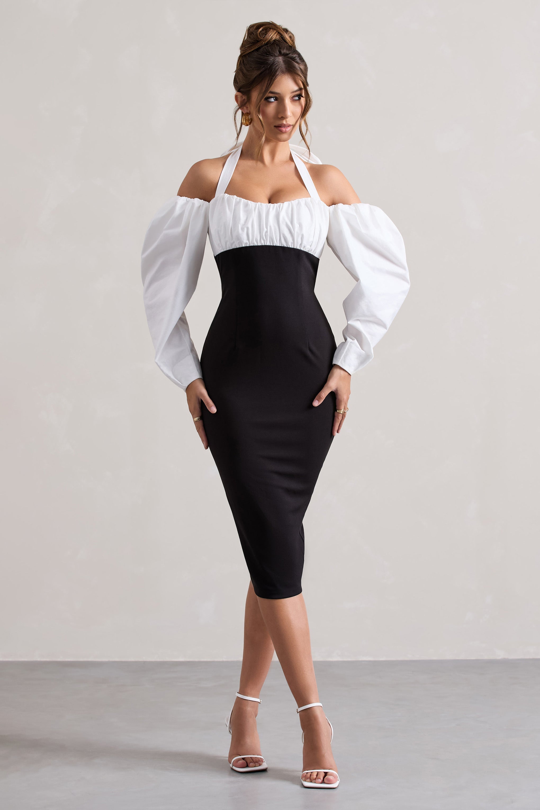 Black Halter-Neck Puff Sleeve Midi Dress