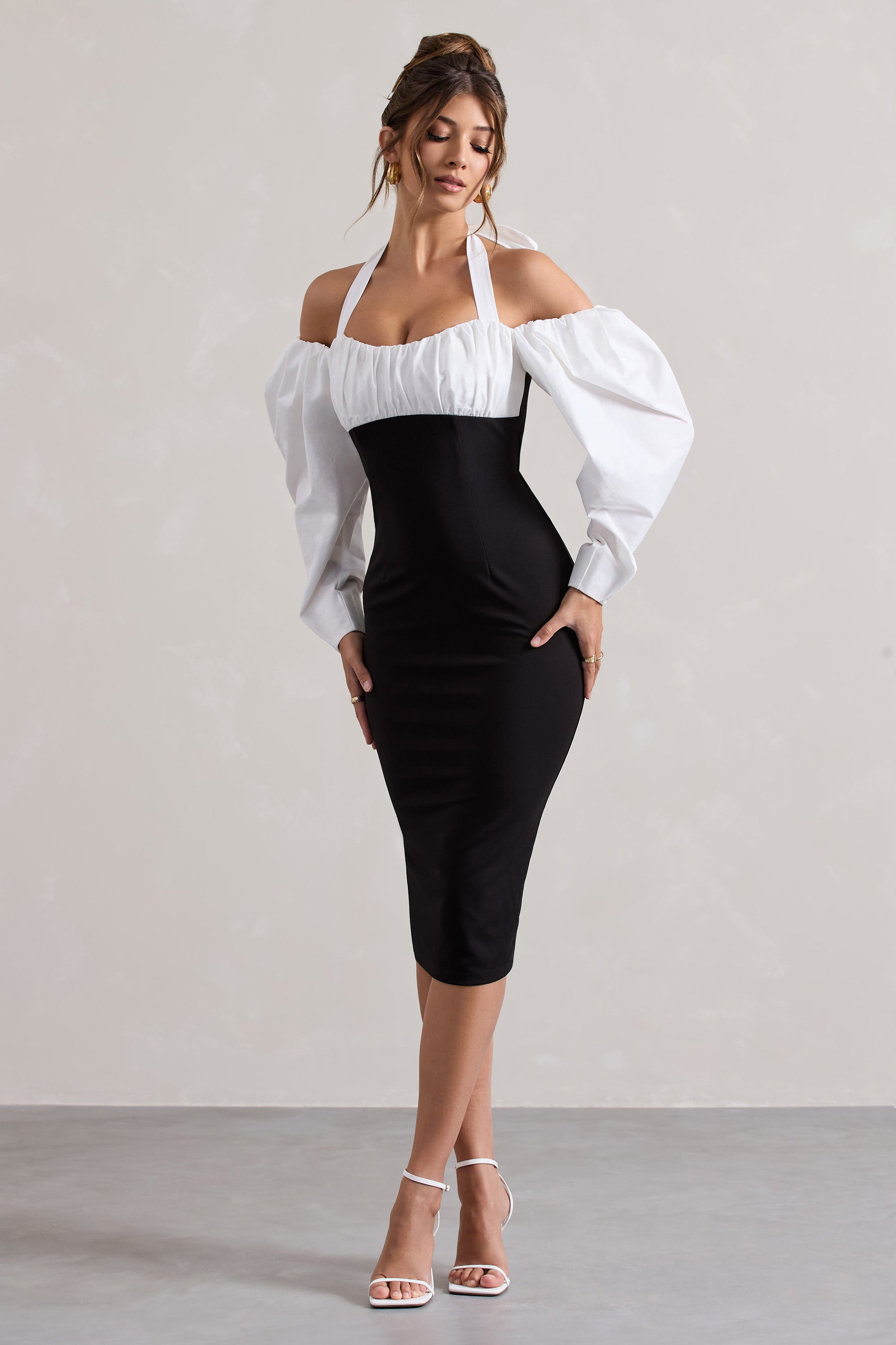 Black Halter-Neck Puff Sleeve Midi Dress