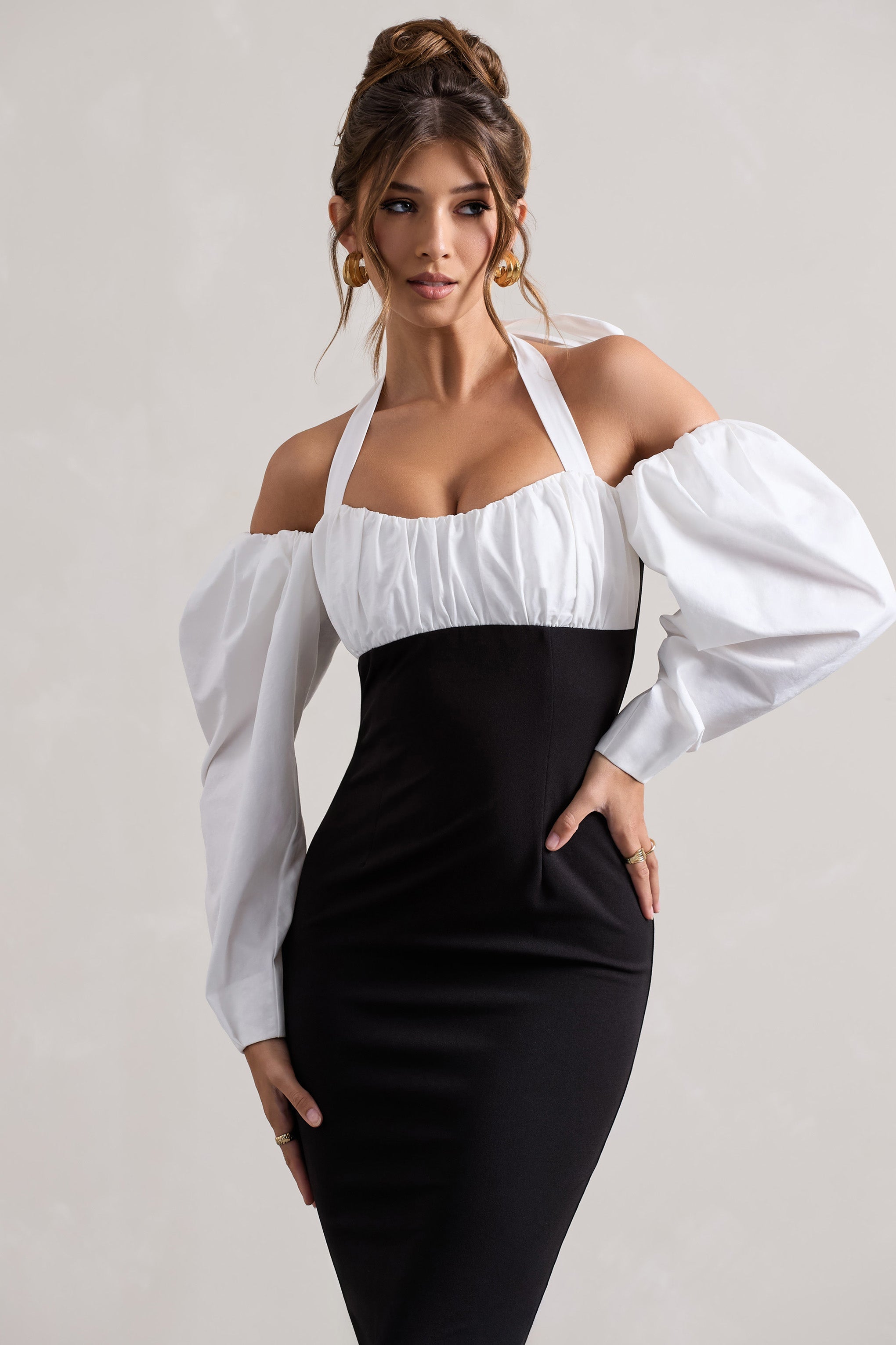 Black Halter-Neck Puff Sleeve Midi Dress