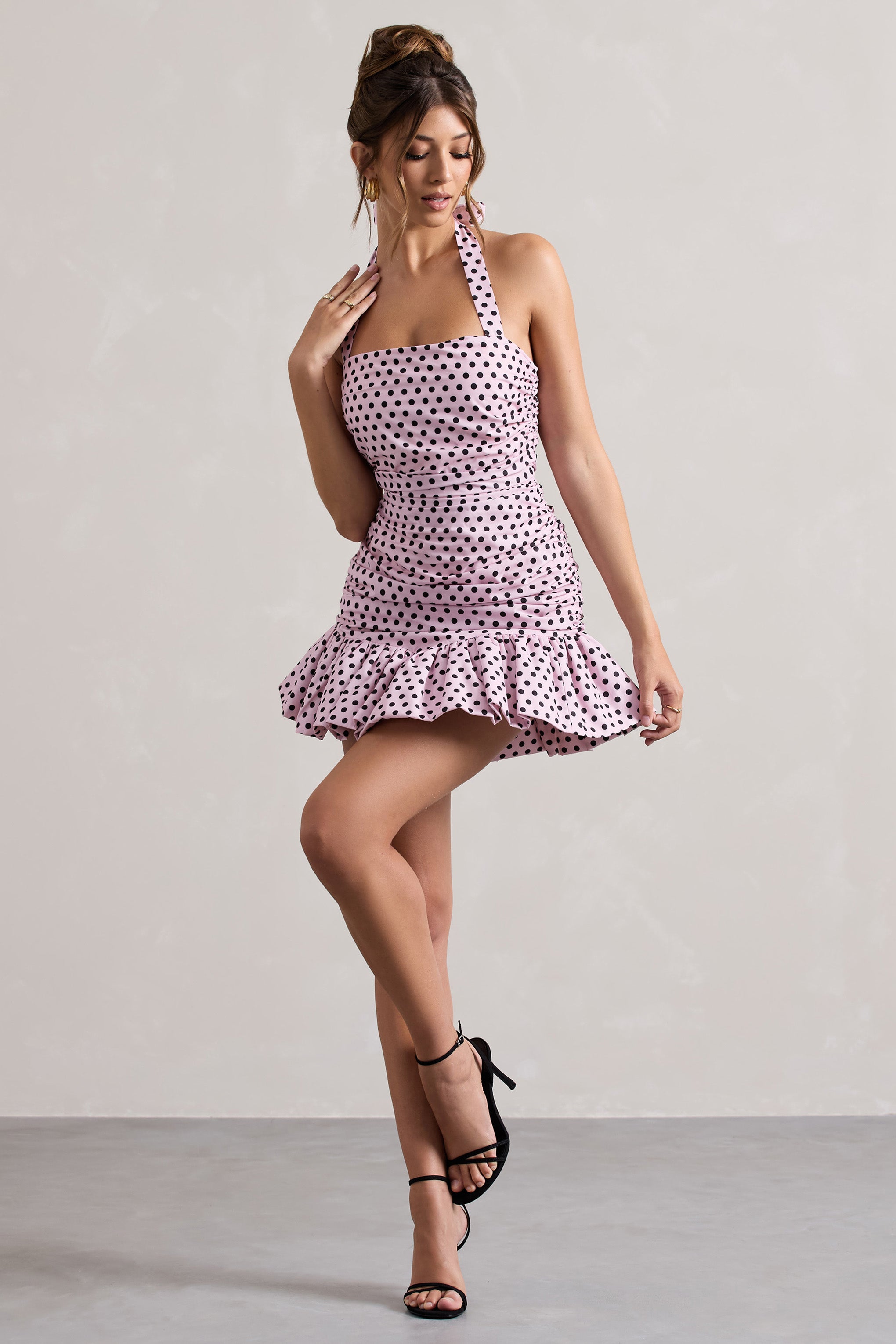 Pink & Black Polka Dot Halter-Neck Ruched Mini Dress With Ruffle Hem