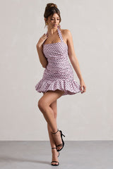 Pink & Black Polka Dot Halter-Neck Ruched Mini Dress With Ruffle Hem