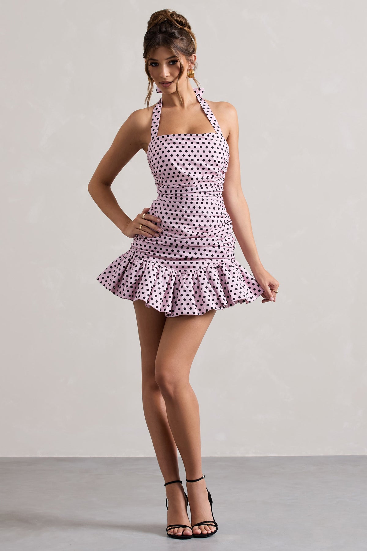 Pink & Black Polka Dot Halter-Neck Ruched Mini Dress With Ruffle Hem