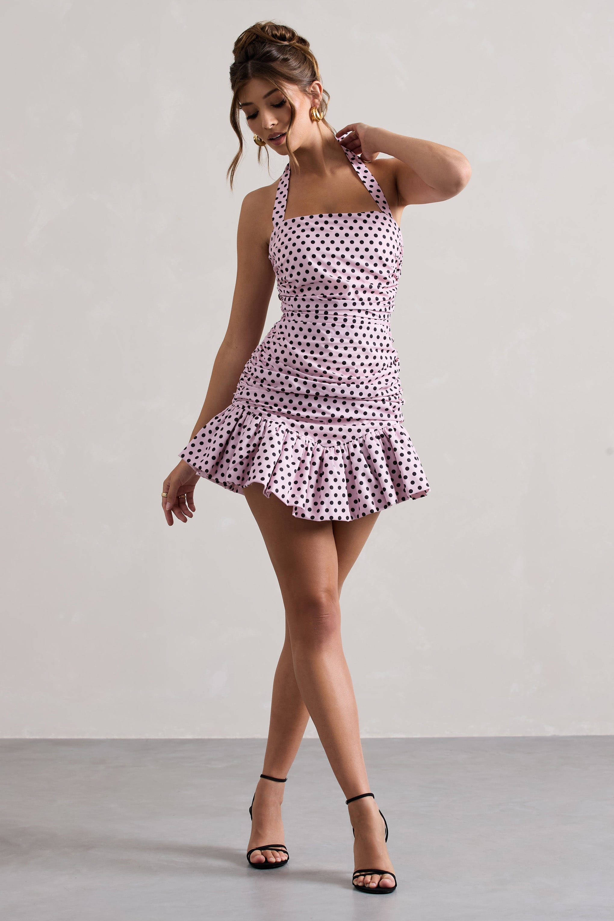 Pink & Black Polka Dot Halter-Neck Ruched Mini Dress With Ruffle Hem