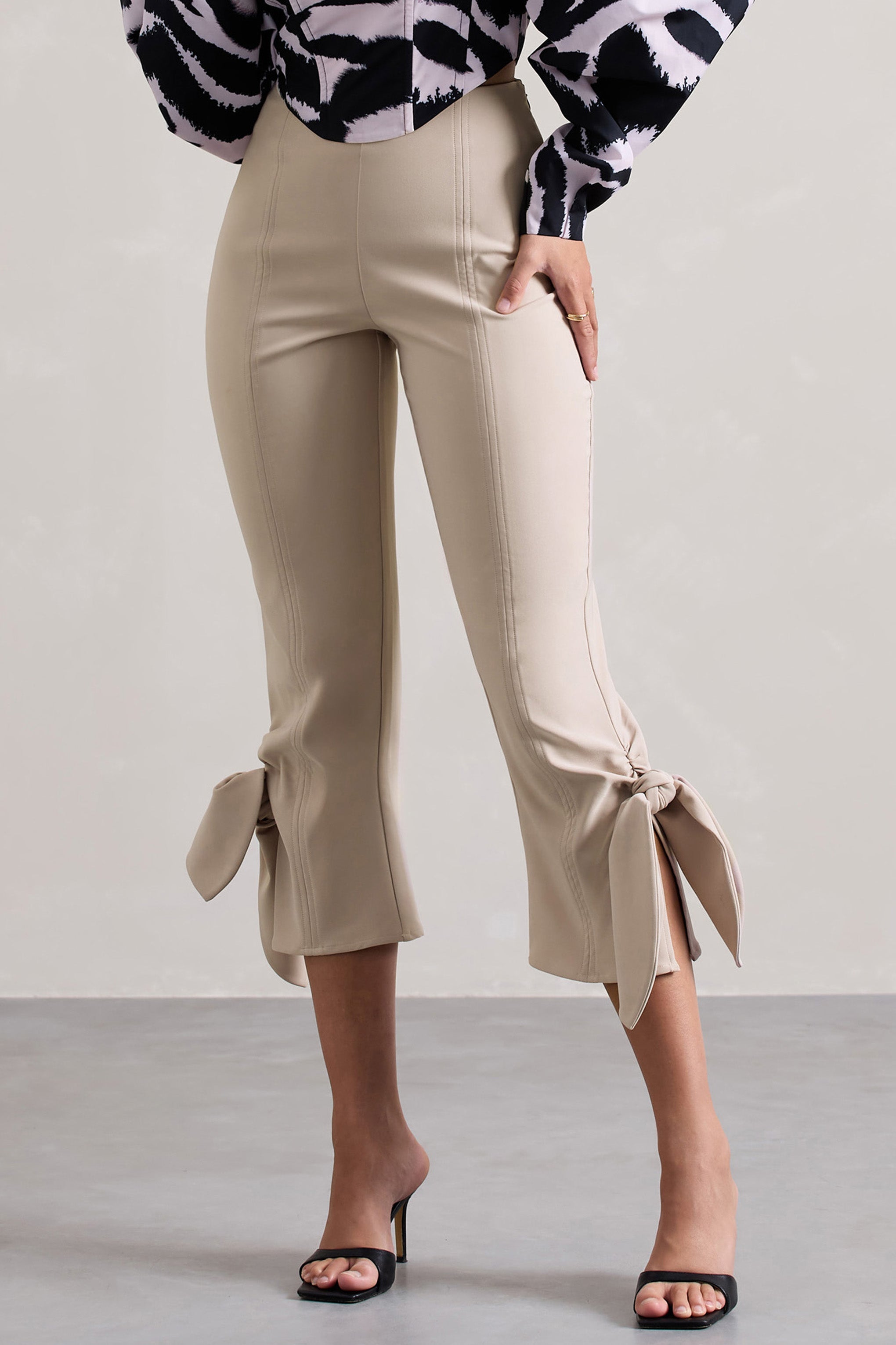 Champagne Cropped Capri Pants With Knot Detail