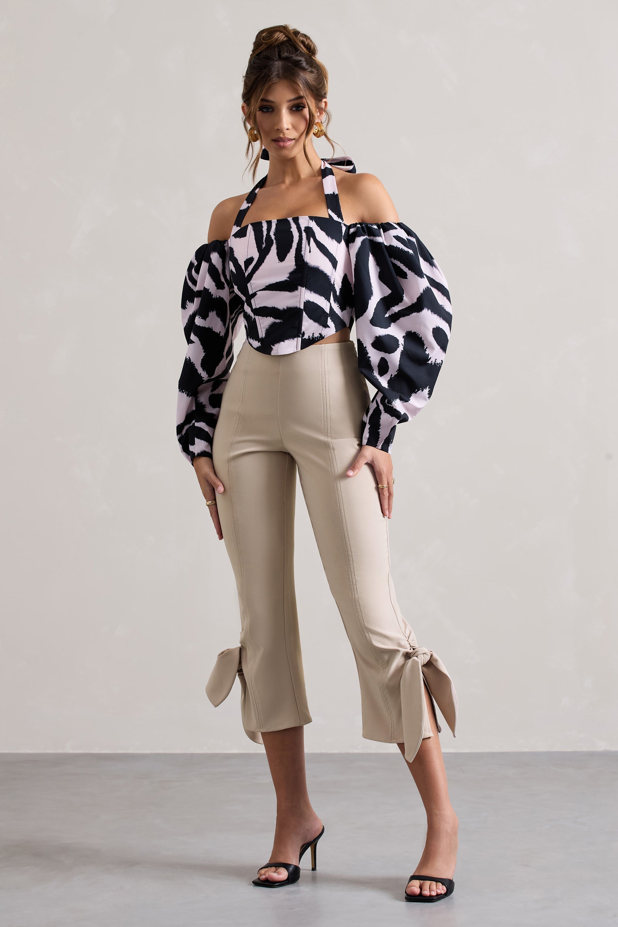Champagne Cropped Capri Pants With Knot Detail