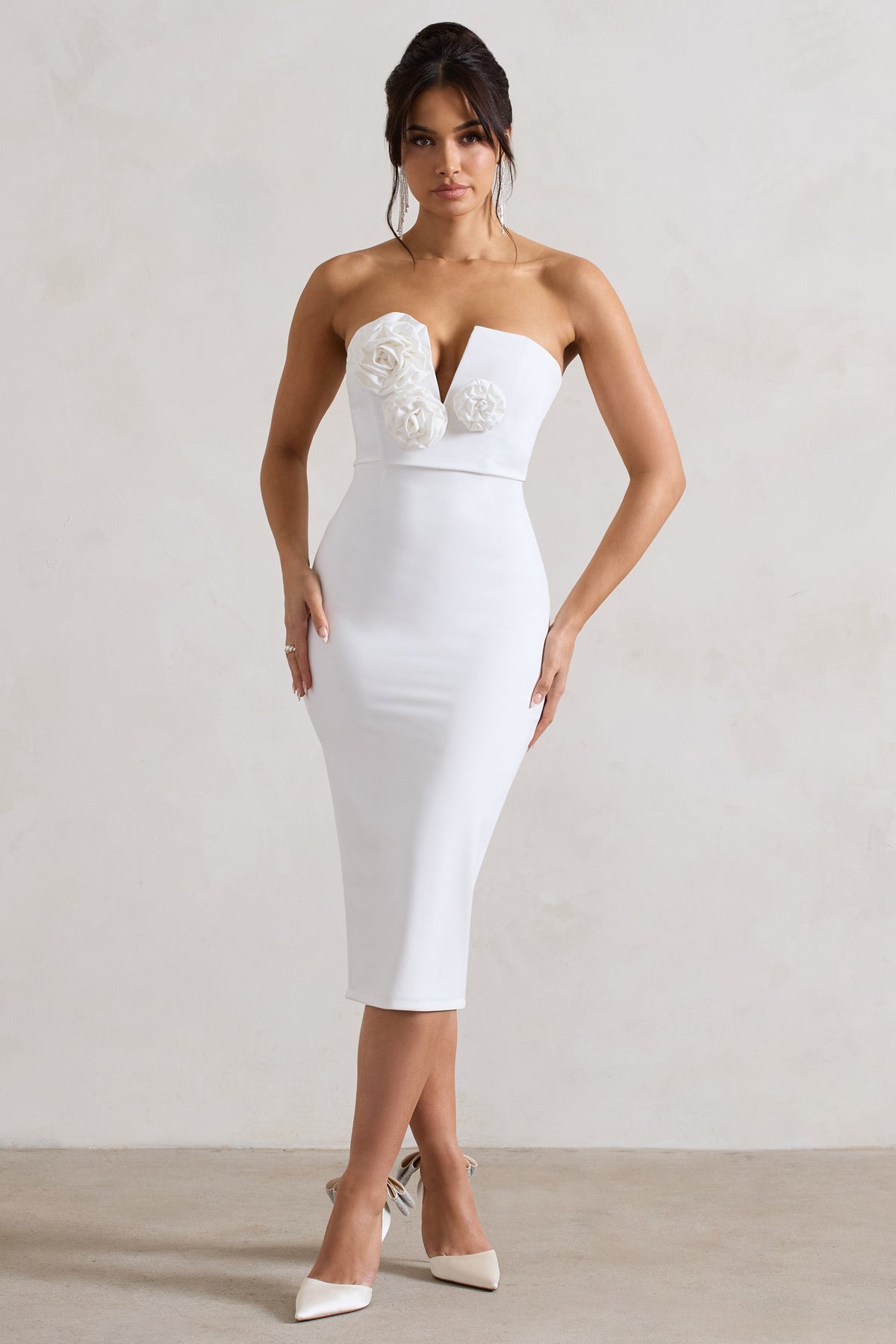 White Bodycon V-Neck Midi Dress With Flowers