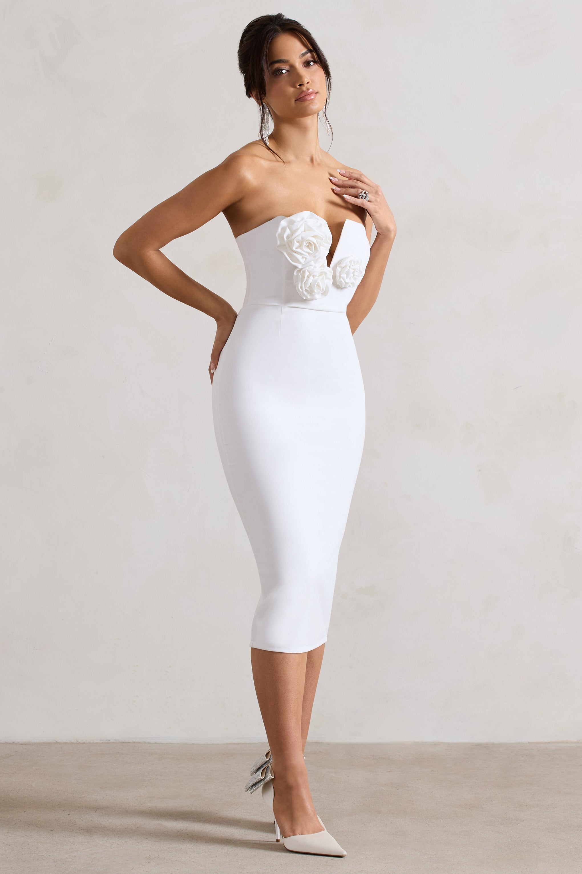 White Bodycon V-Neck Midi Dress With Flowers
