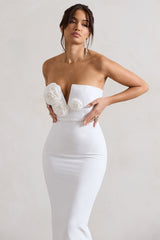White Bodycon V-Neck Midi Dress With Flowers