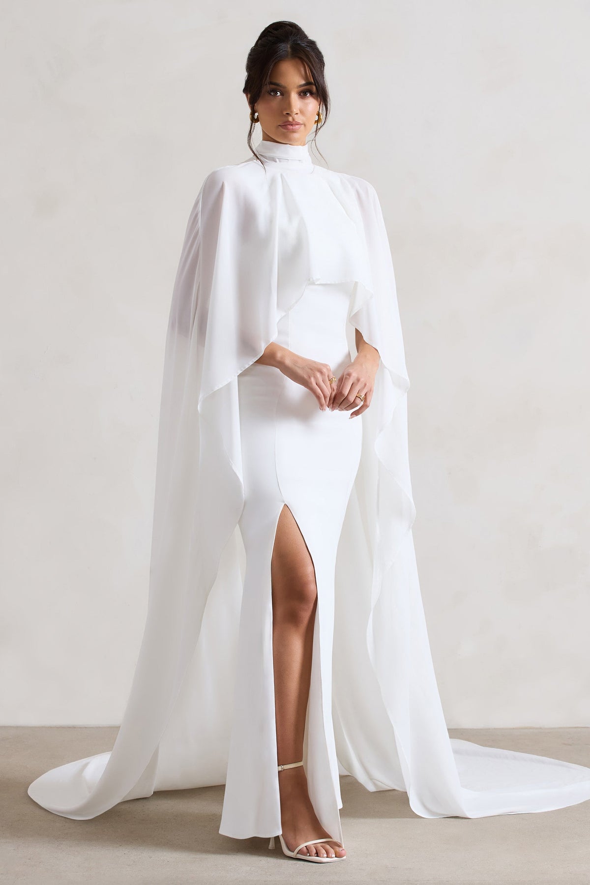Cream Fishtail Split Maxi Dress With Chiffon Cape