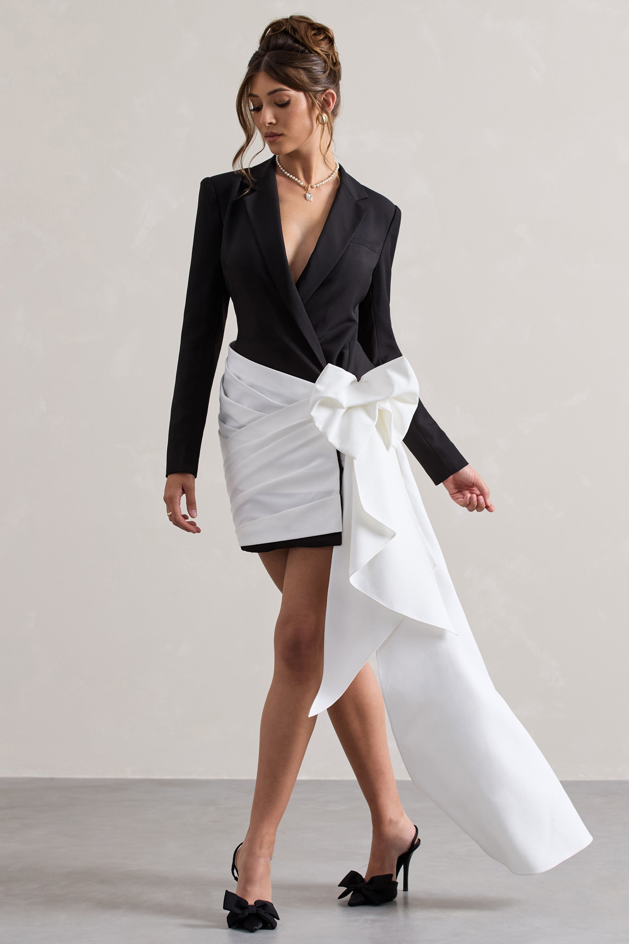 Black Tailored Blazer Mini Dress With Side Drape