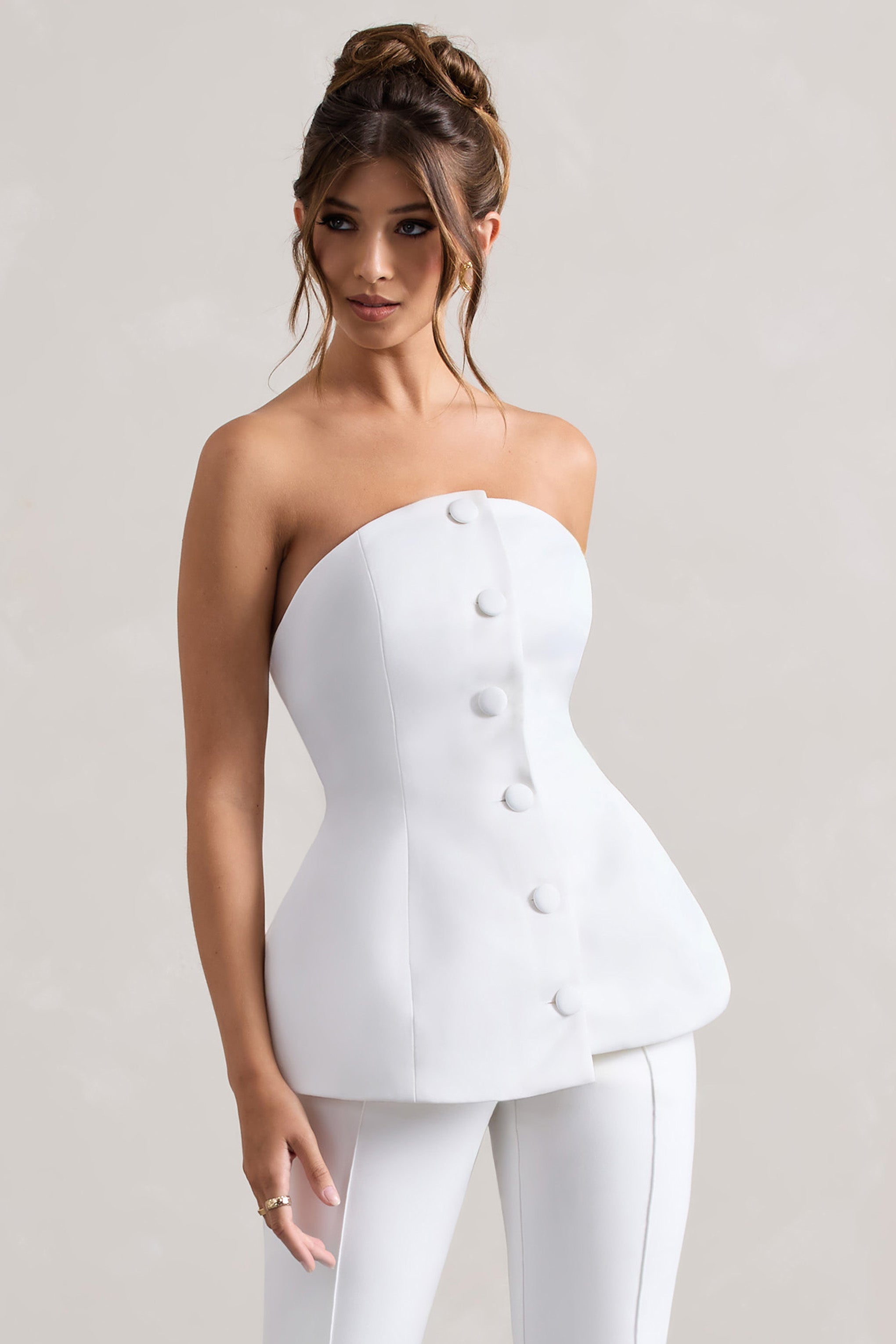 Cream Satin Strapless Button Front Corset Top