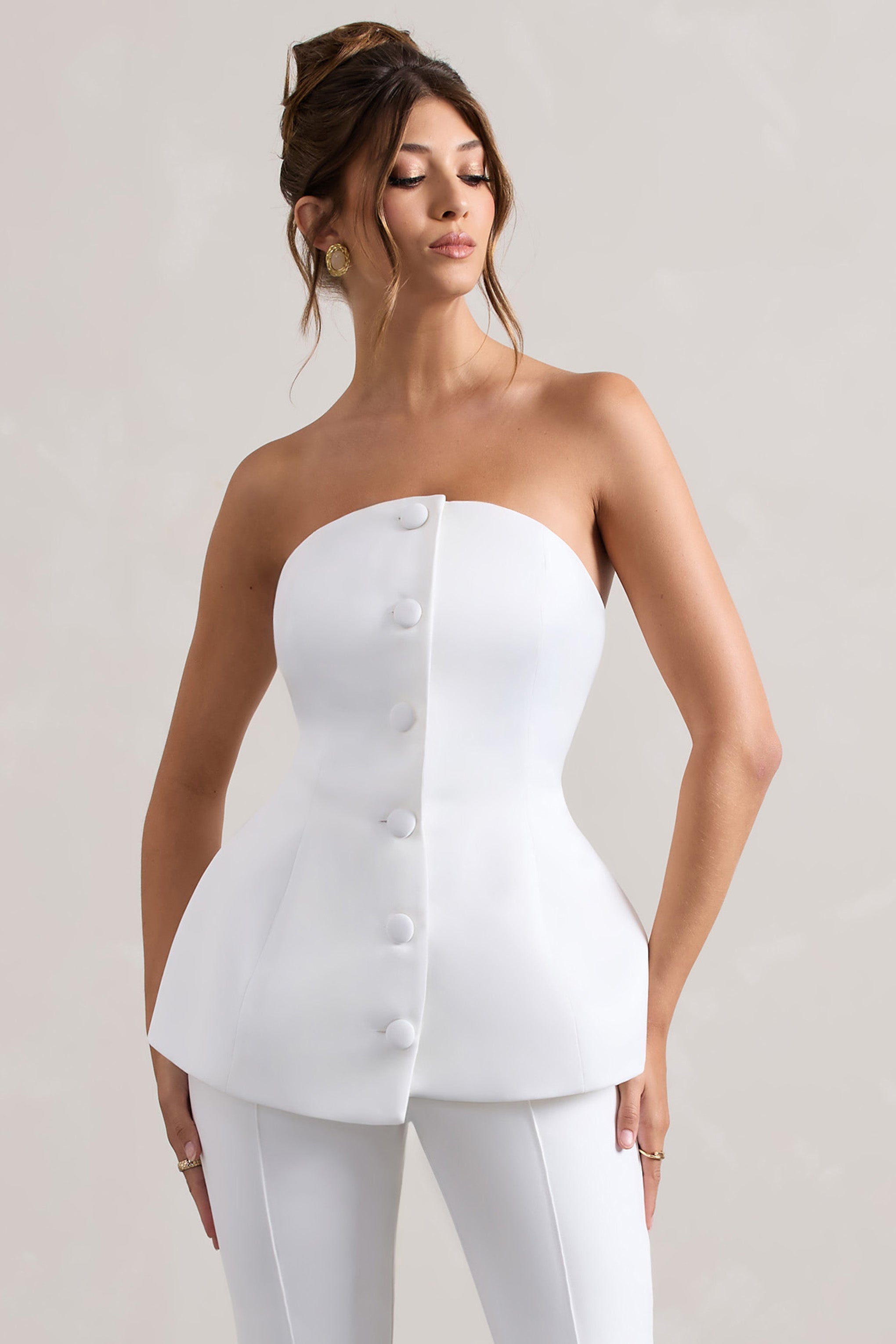 Cream Satin Strapless Button Front Corset Top