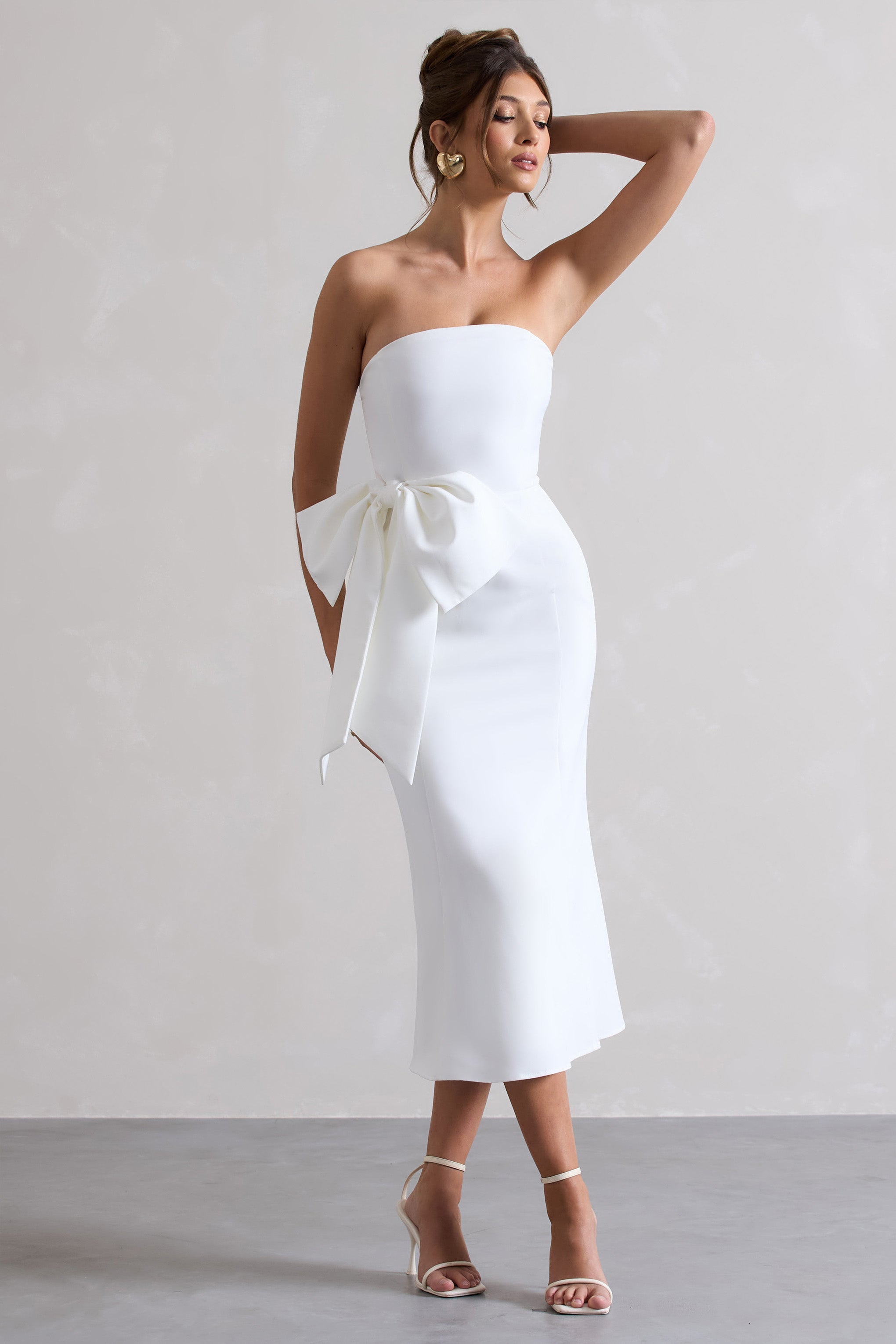 White Bandeau Midi Dress With Oversized Bow