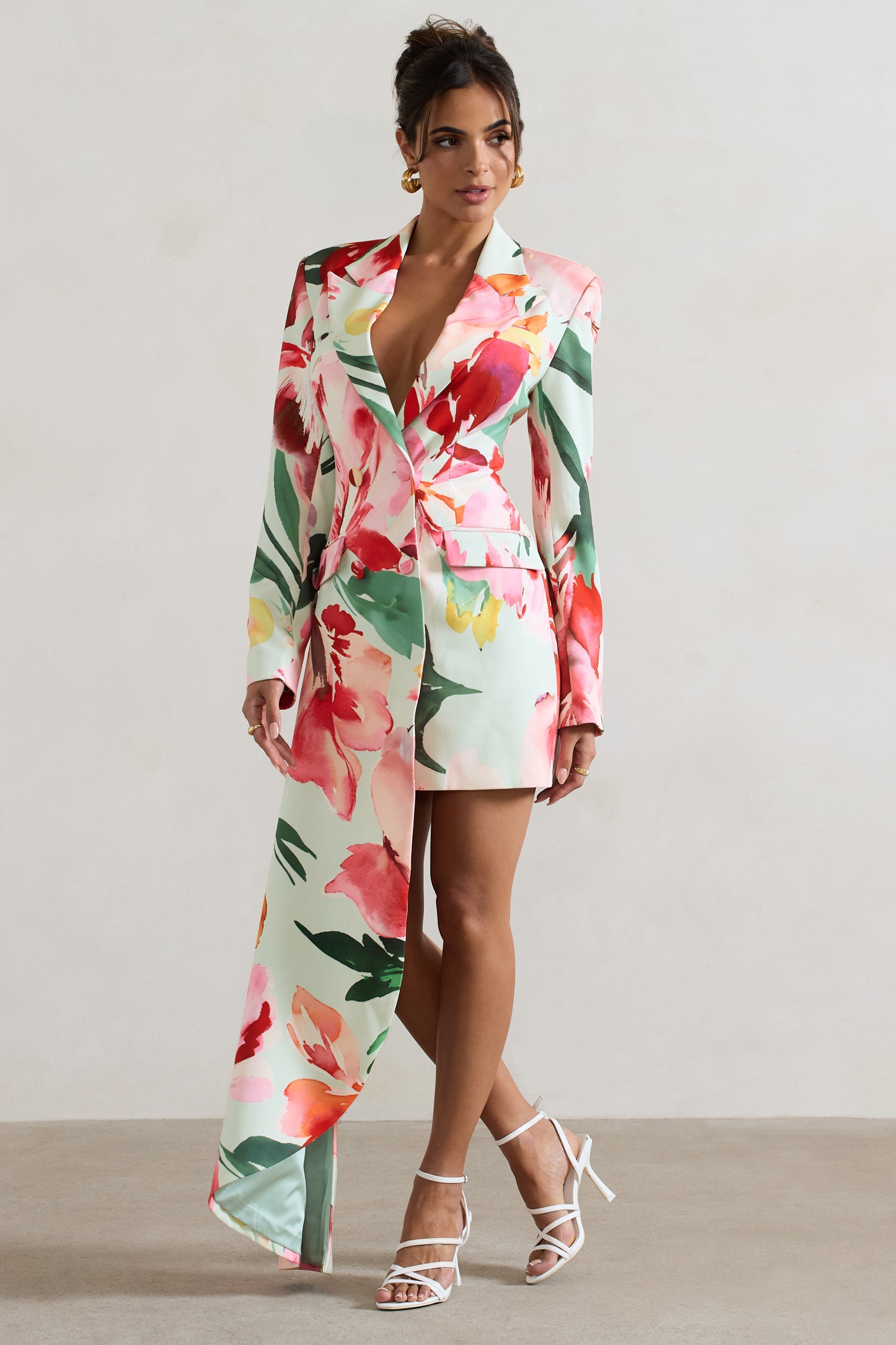 Mint Floral Tailored Blazer Mini Dress With Asymmetric Hem