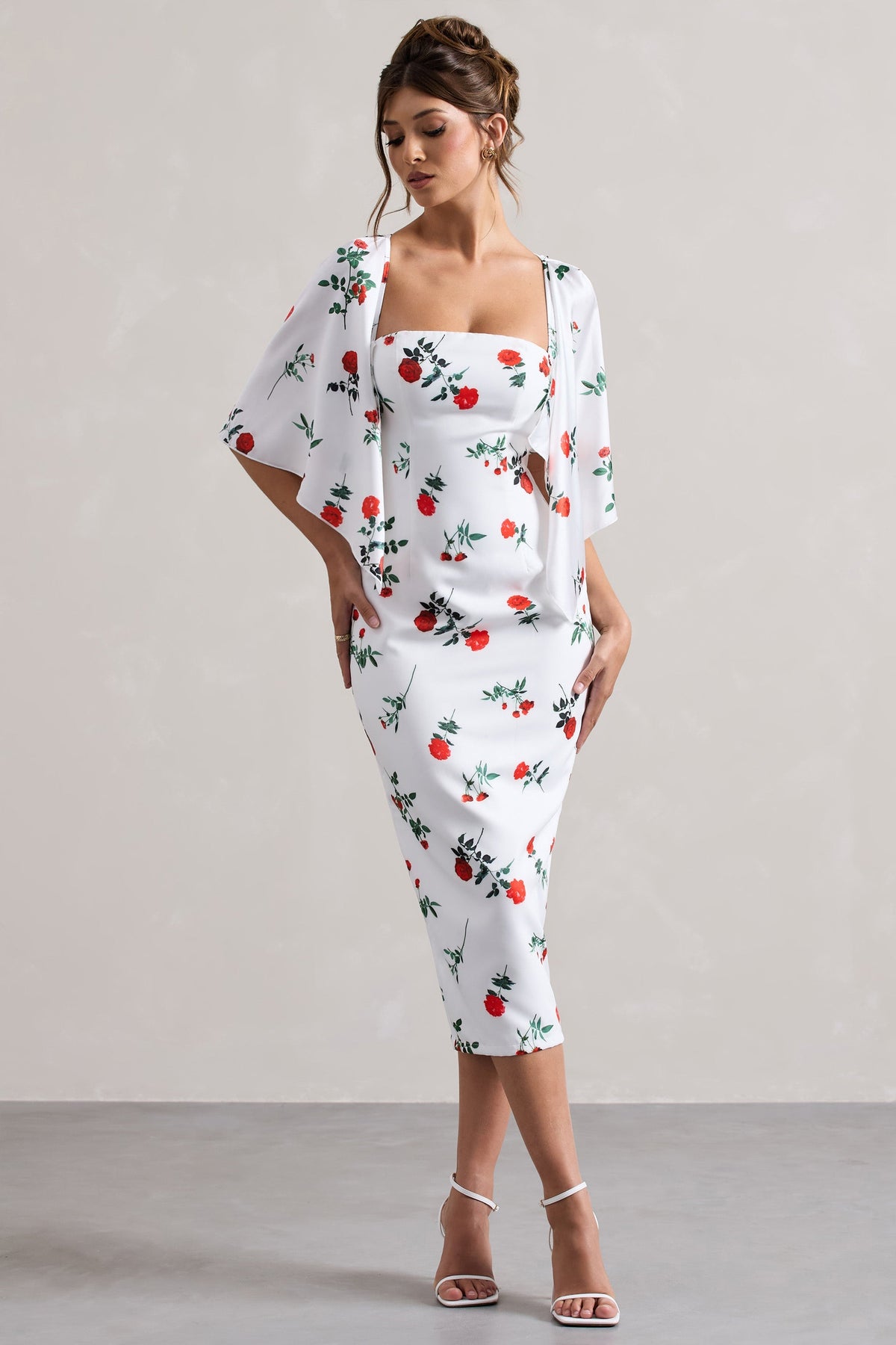 Rose Print Cape-Sleeve Midi Dress