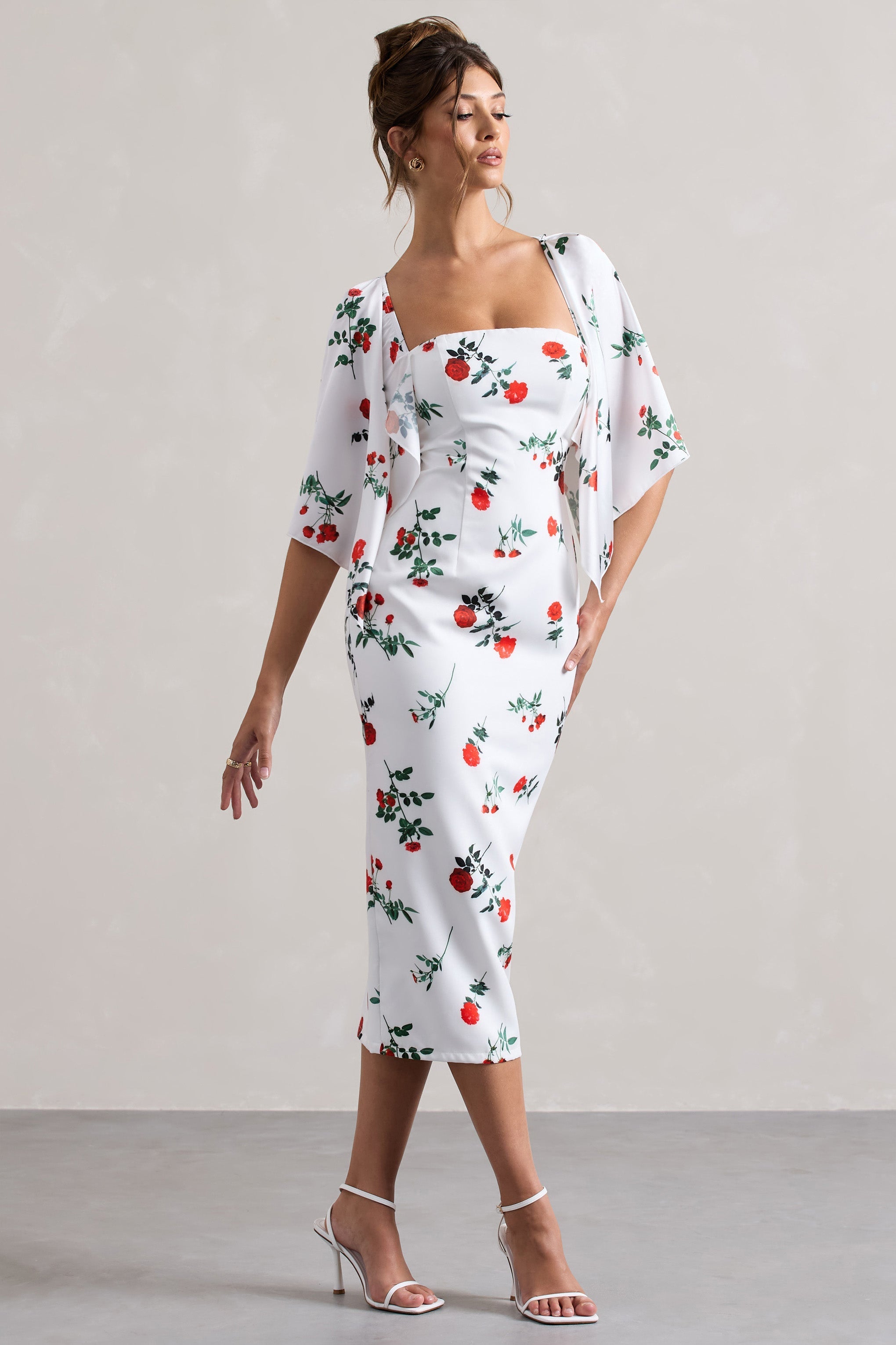 Rose Print Cape-Sleeve Midi Dress