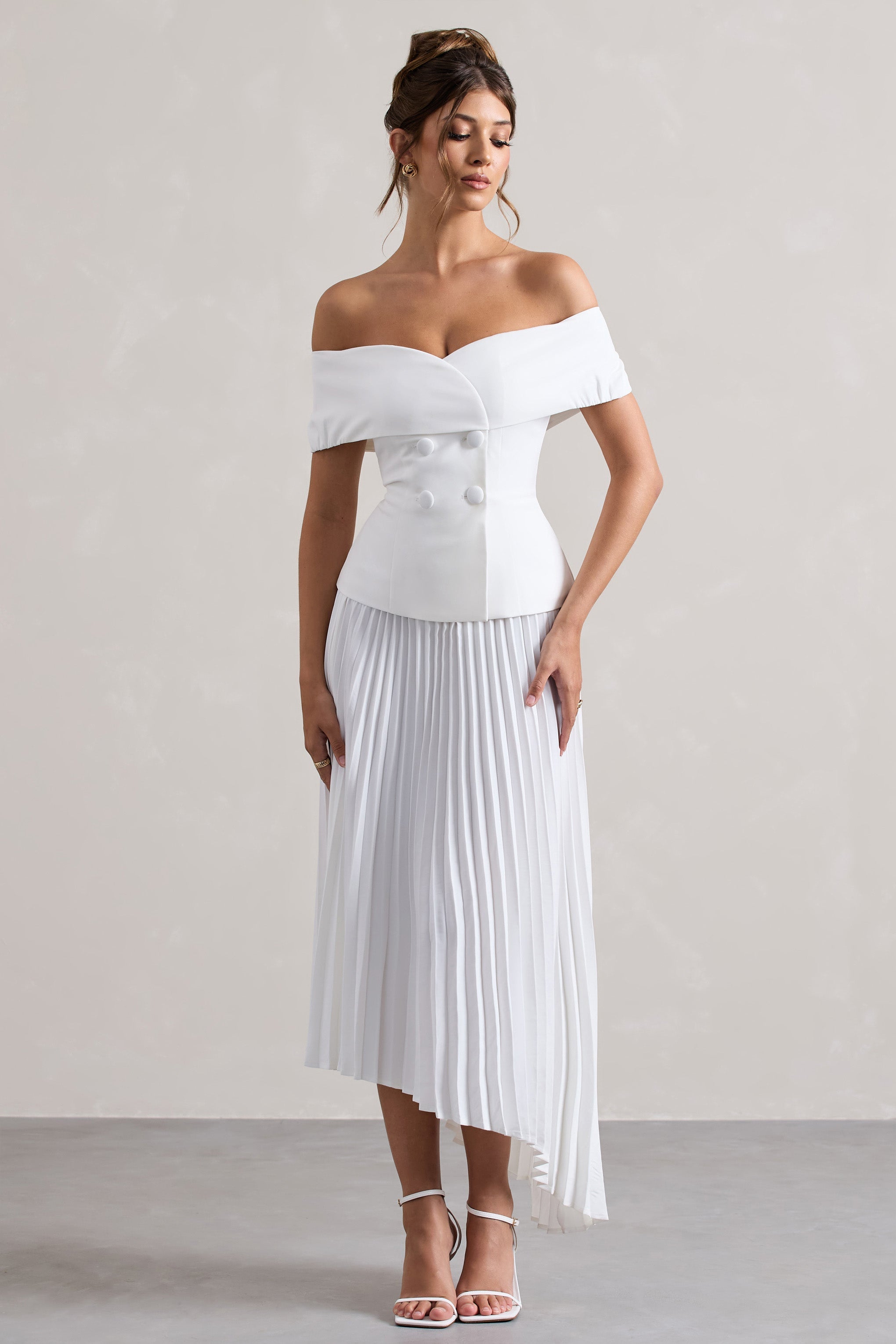 White Bardot Tailored Midi Dress With Plisse Skirt