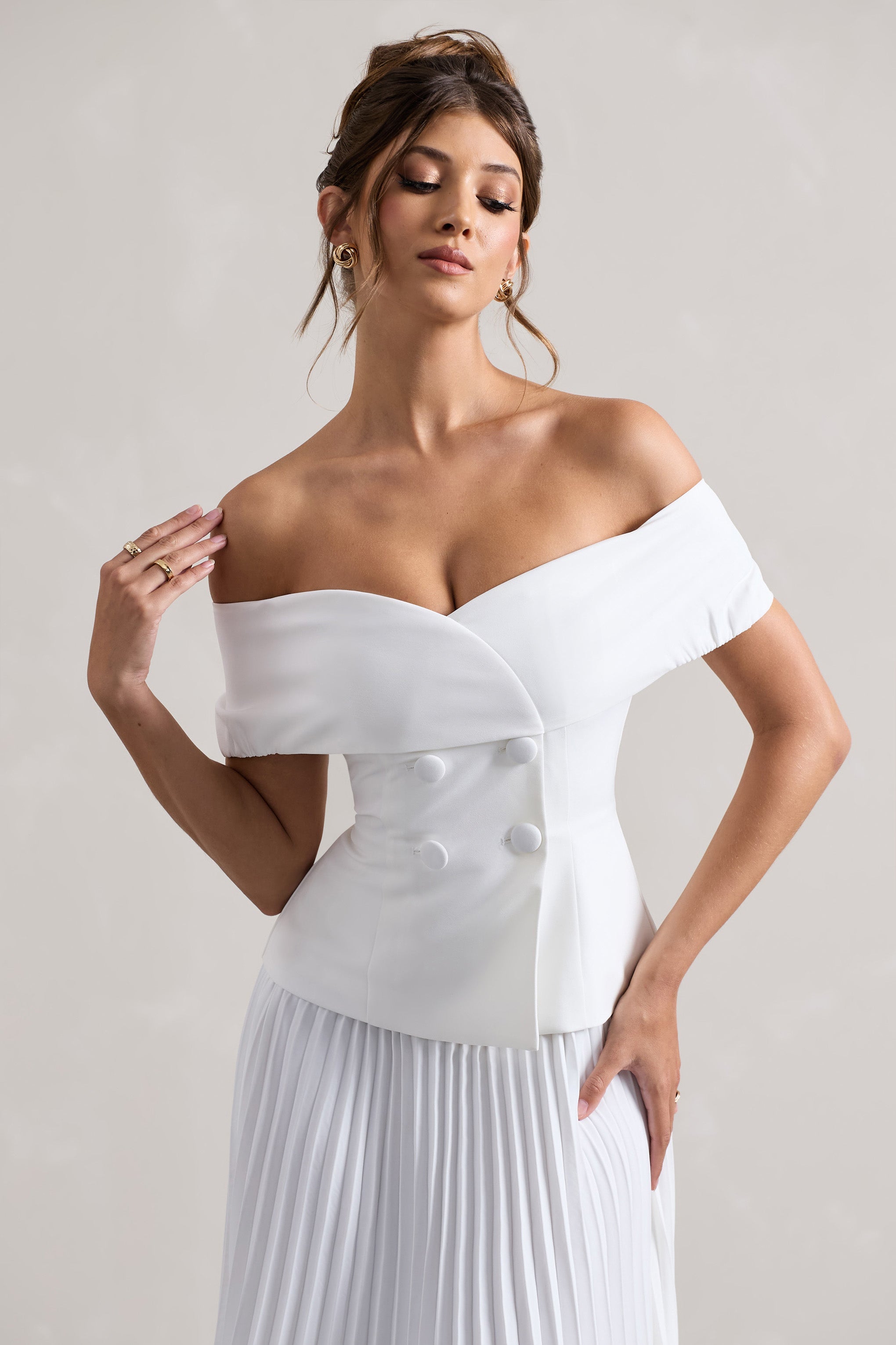 White Bardot Tailored Midi Dress With Plisse Skirt