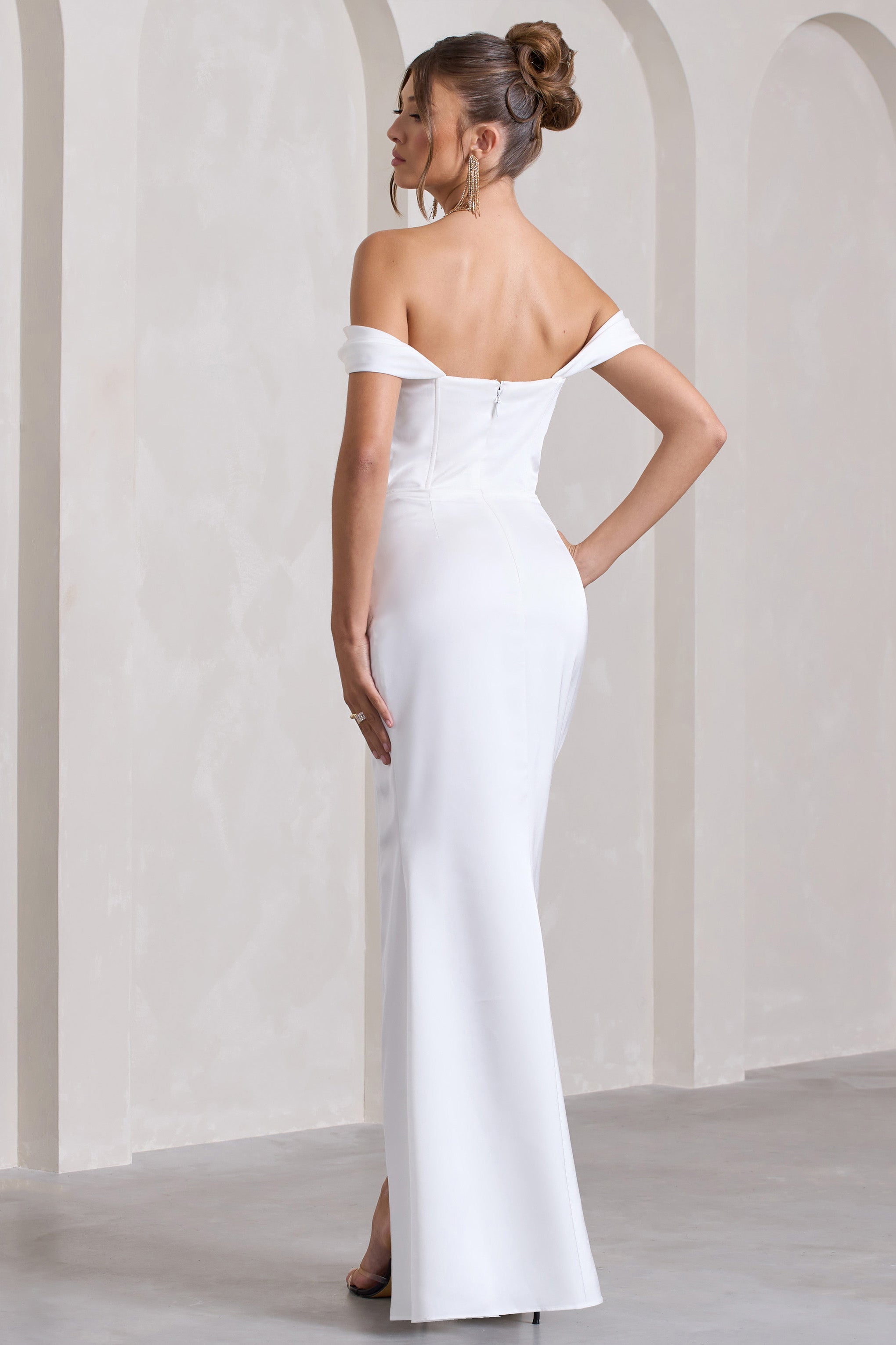 White Bardot Satin Maxi Dress