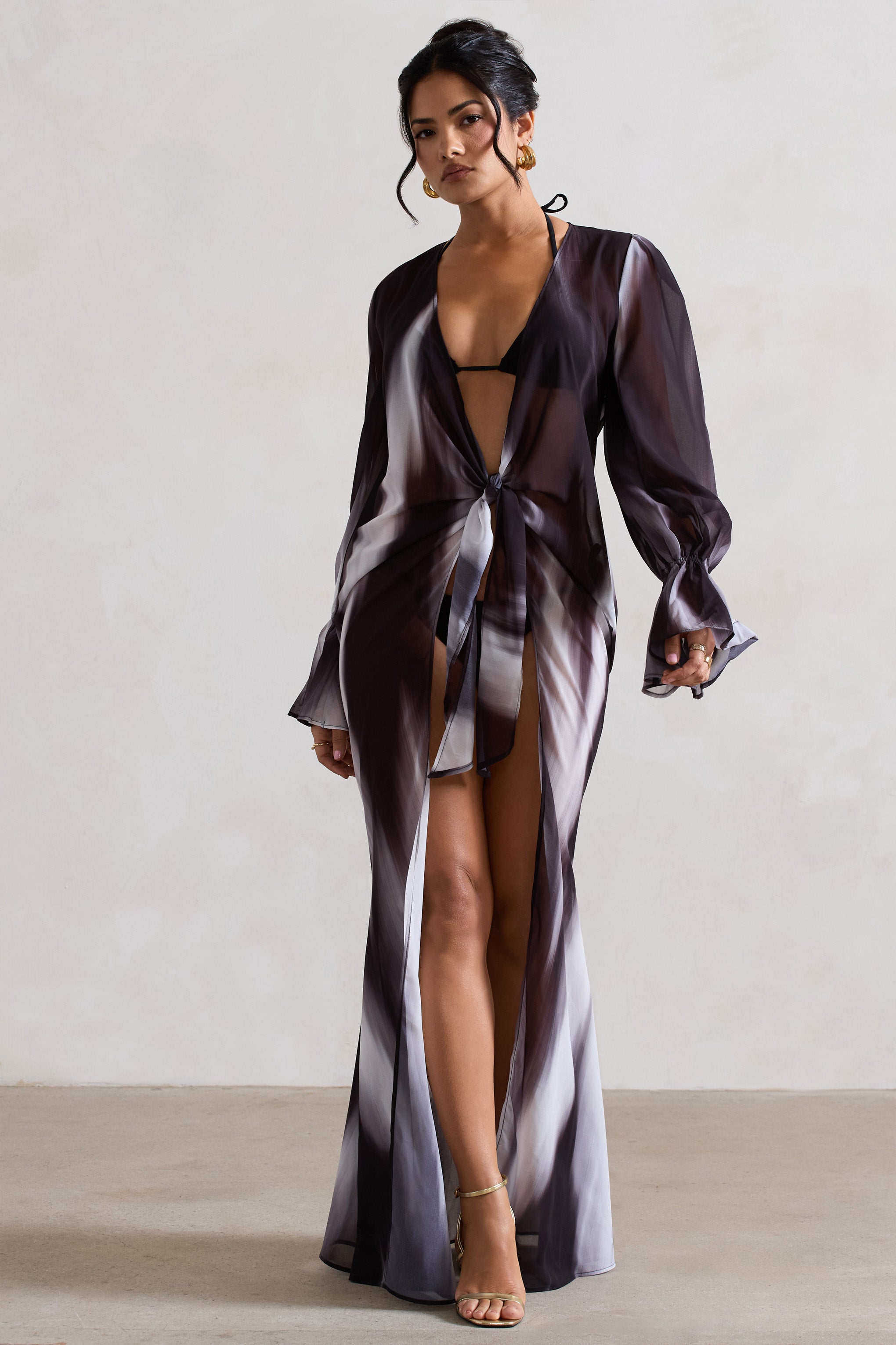 Black Print Longline Chiffon Cover-Up