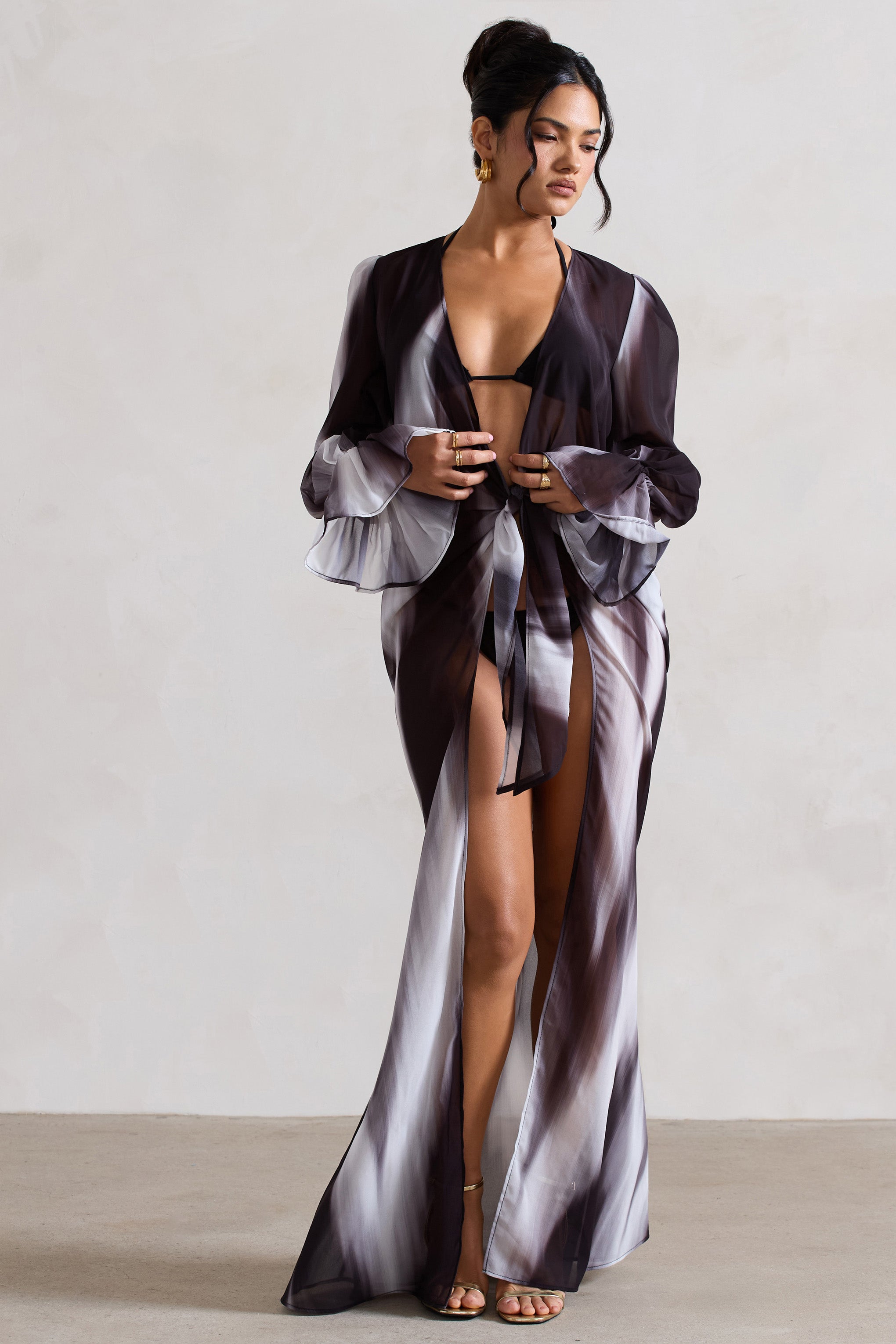 Black Print Longline Chiffon Cover-Up