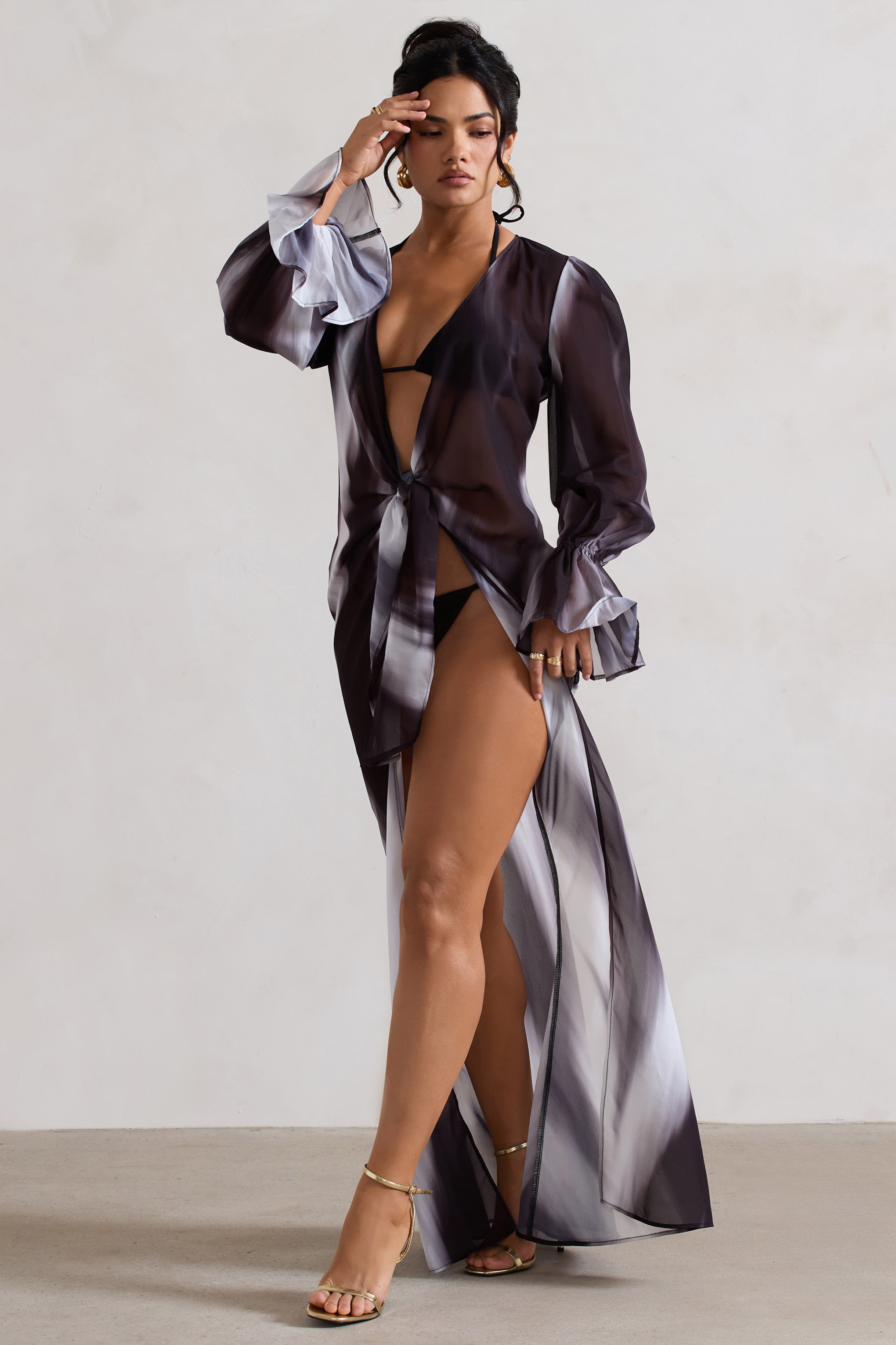 Black Print Longline Chiffon Cover-Up