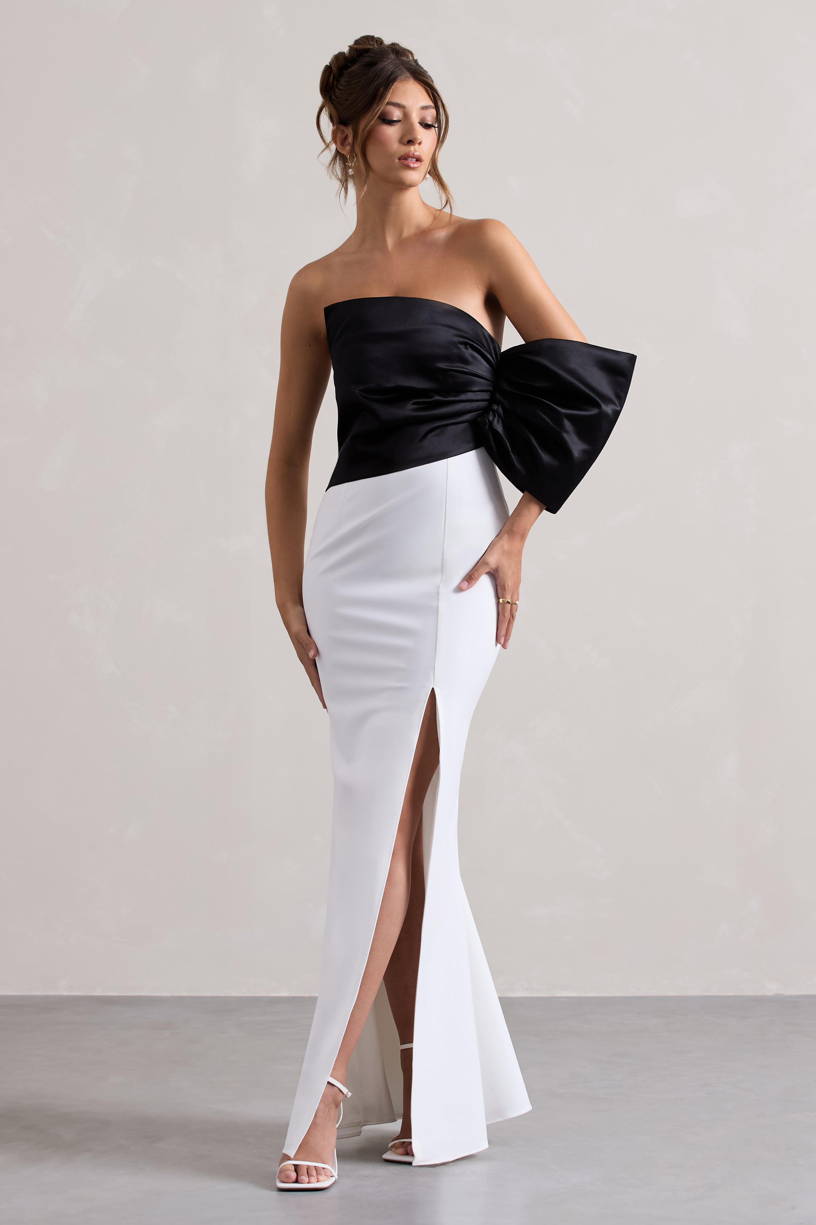 Black & White Asymmetric One-Sleeve Split Maxi Dress