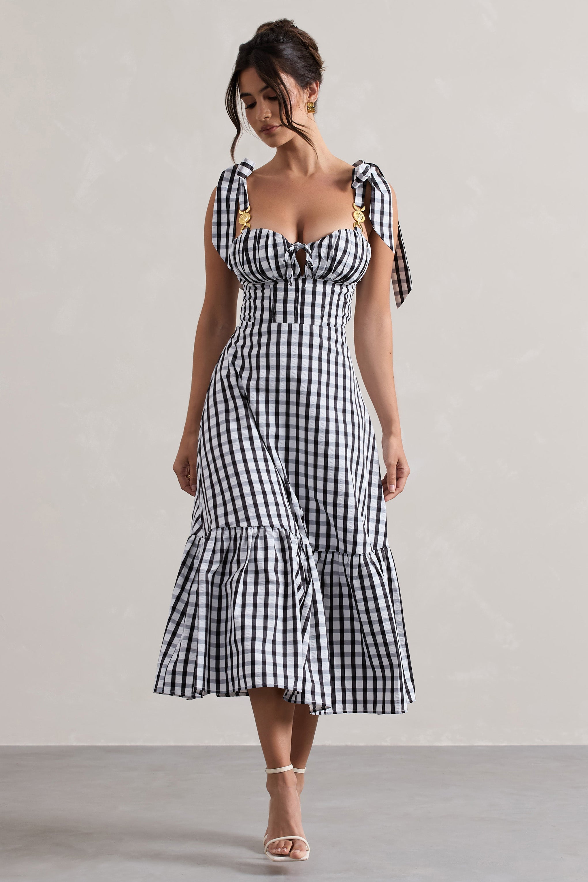 Black & White Gingham Sweetheart Midi Dress