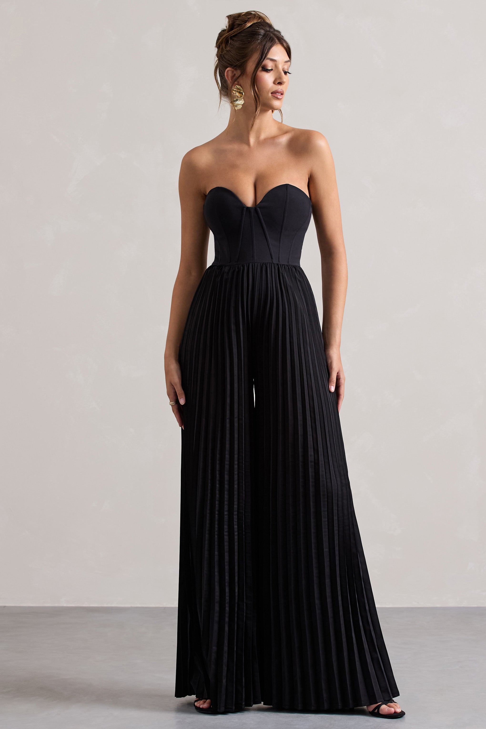 Black Corset Plisse Wide-Leg Jumpsuit